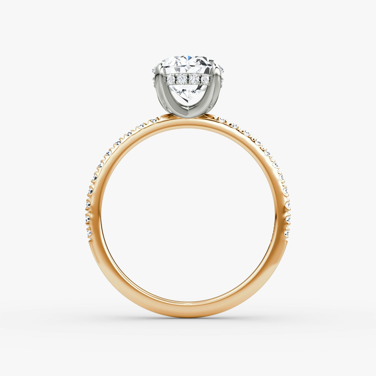The Classic Hidden Halo | Oval | 14k | Rose Gold and Platinum | bandAccent: Pavé | bandWidth: standard | prongStyle: Plain | diamondOrientation: vertical | caratWeight: other