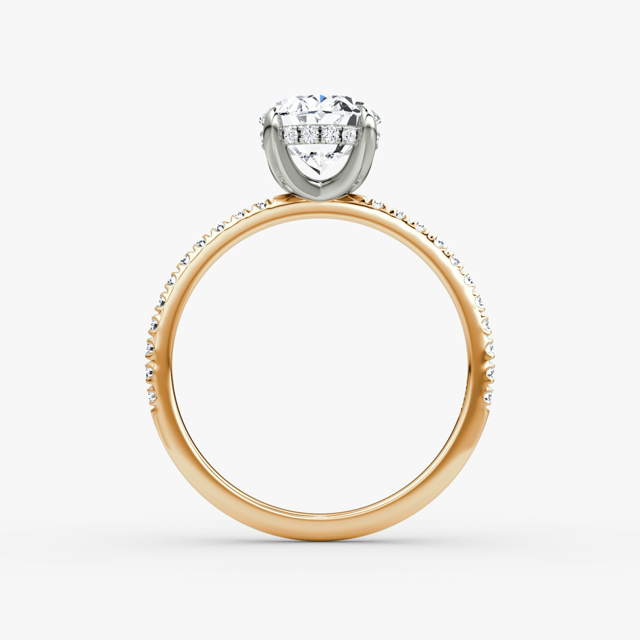 The Classic Hidden Halo | Oval | 14k | Rose Gold and Platinum | bandAccent: Pavé | bandWidth: standard | prongStyle: Plain | diamondOrientation: vertical | caratWeight: other