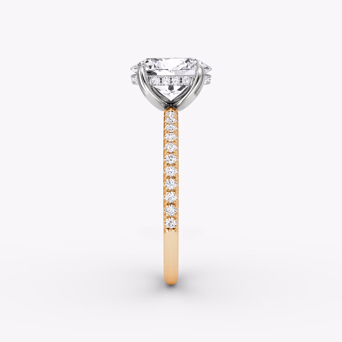 The Classic Hidden Halo | Oval | 14k | Rose Gold and Platinum | bandAccent: Pavé | bandWidth: standard | prongStyle: Plain | diamondOrientation: vertical | caratWeight: other