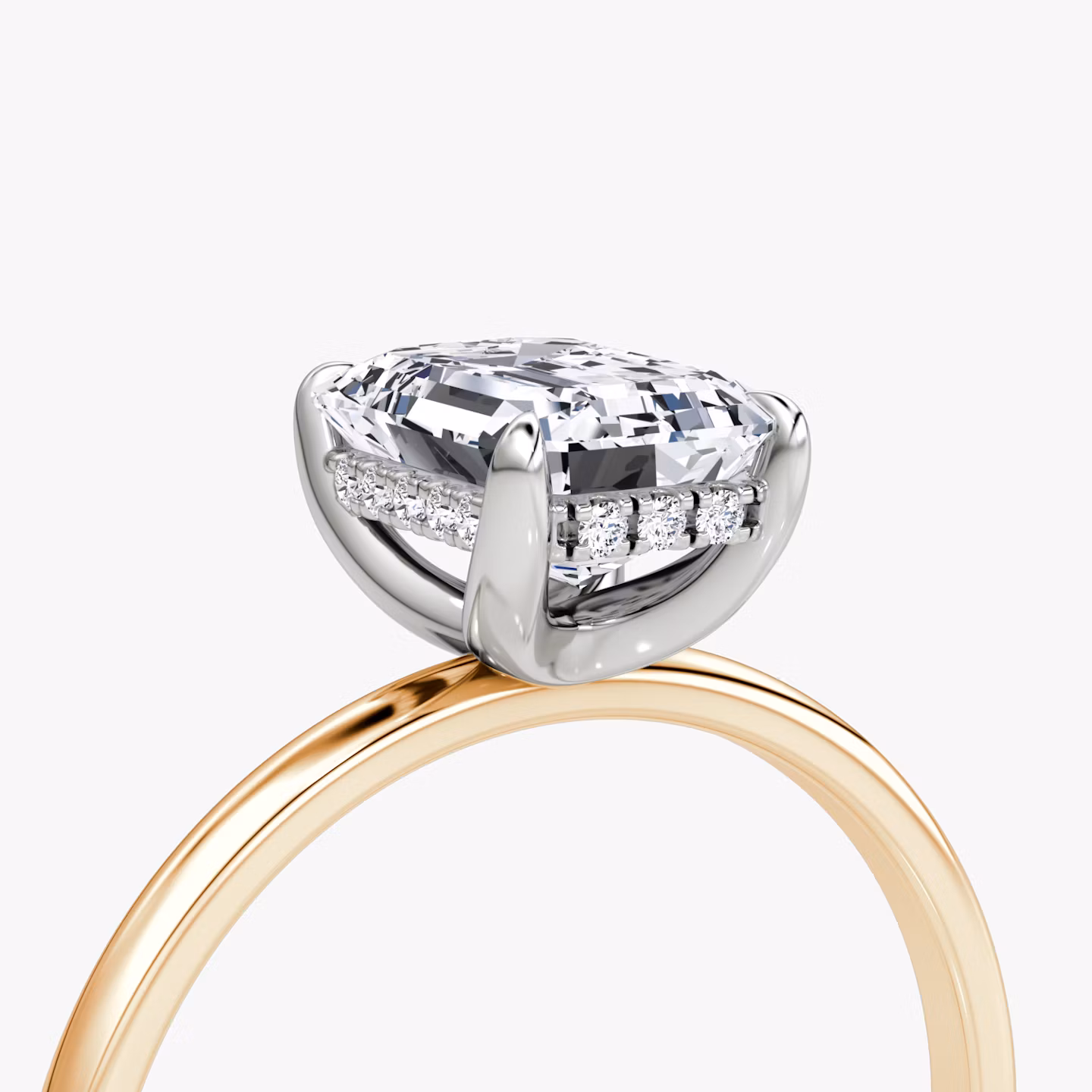 The Classic Hidden Halo | Emerald | 14k | Rose Gold and Platinum | bandAccent: Plain | bandWidth: standard | prongStyle: Plain | diamondOrientation: vertical | caratWeight: other