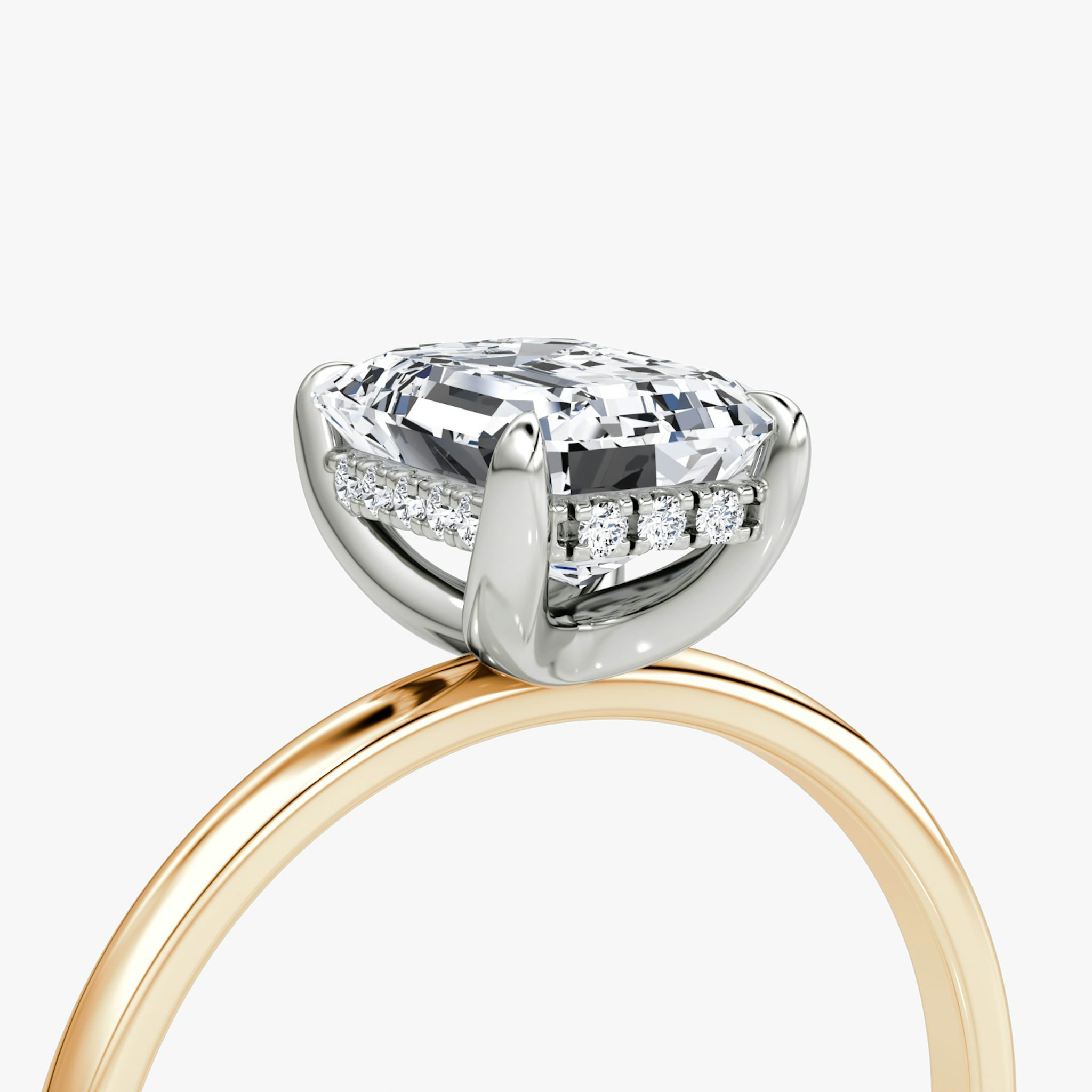 The Classic Hidden Halo | Emerald | 14k | Rose Gold and Platinum | bandAccent: Plain | bandWidth: standard | prongStyle: Plain | diamondOrientation: vertical | caratWeight: other