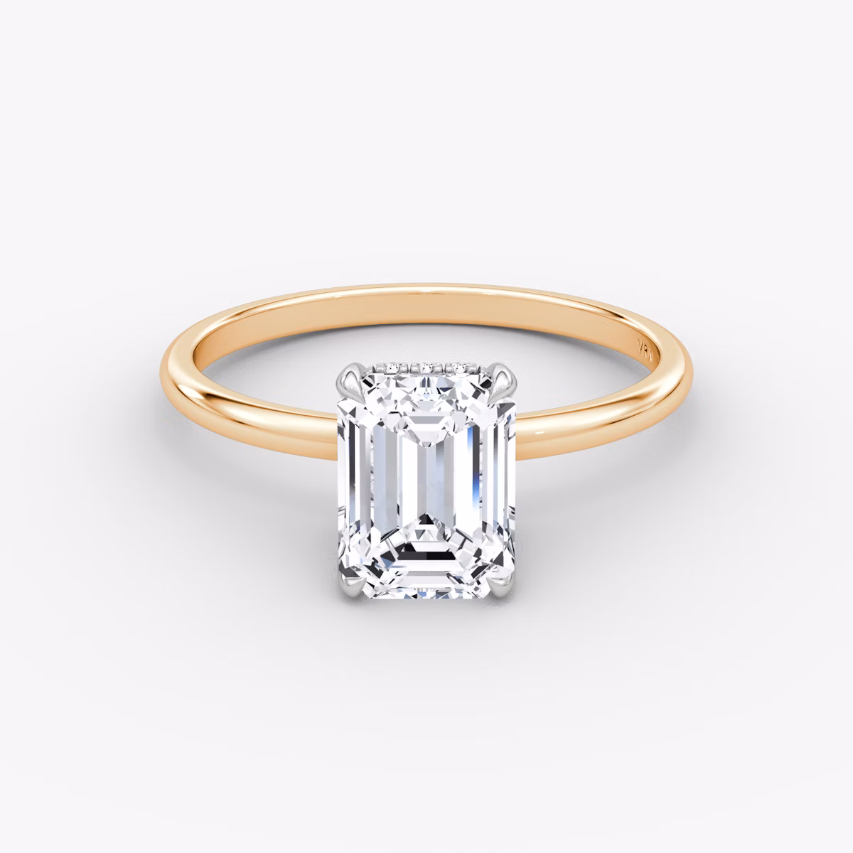 The Classic Hidden Halo | Emerald | 14k | Rose Gold and Platinum | bandAccent: Plain | bandWidth: standard | prongStyle: Plain | diamondOrientation: vertical | caratWeight: other