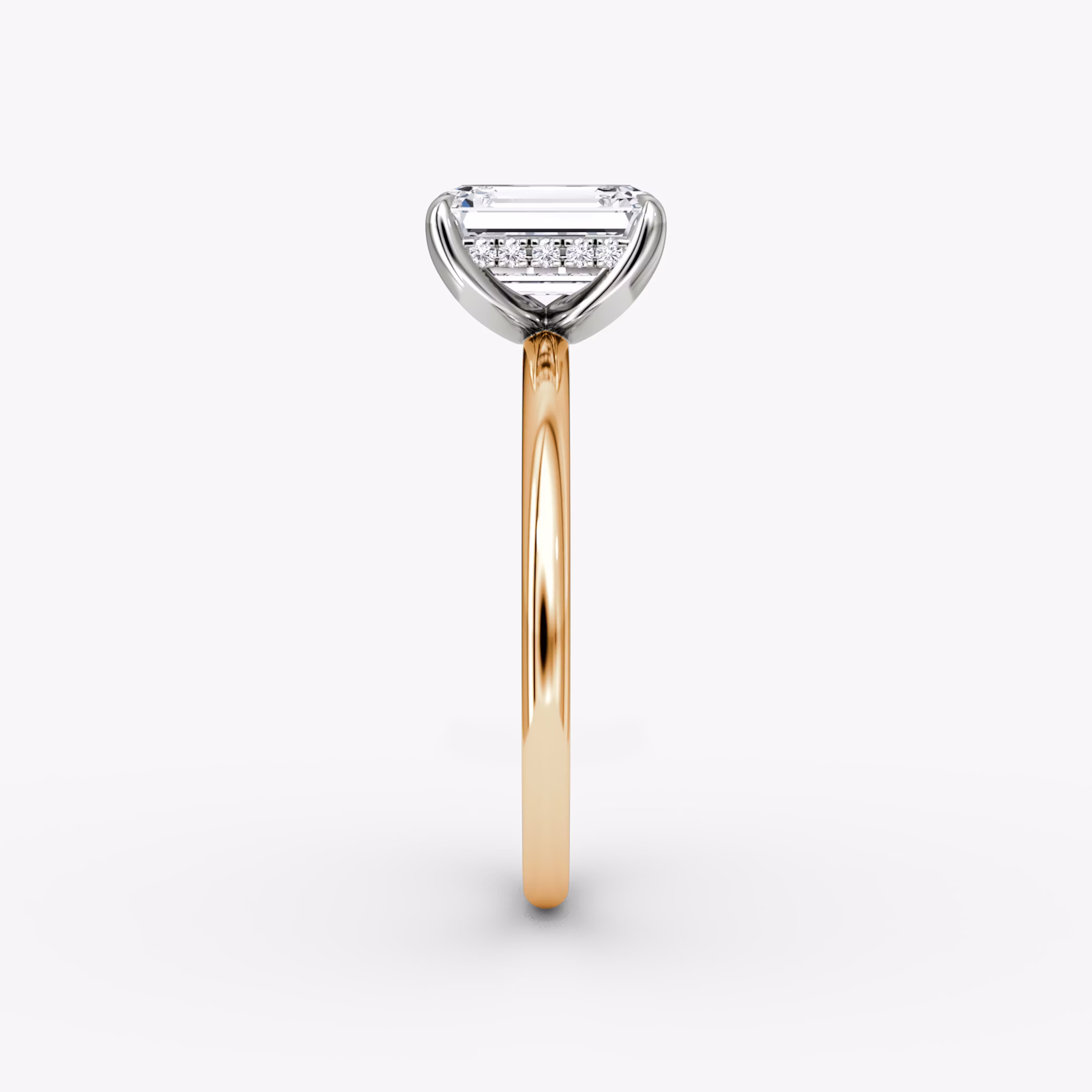 The Classic Hidden Halo | Emerald | 14k | Rose Gold and Platinum | bandAccent: Plain | bandWidth: standard | prongStyle: Plain | diamondOrientation: vertical | caratWeight: other