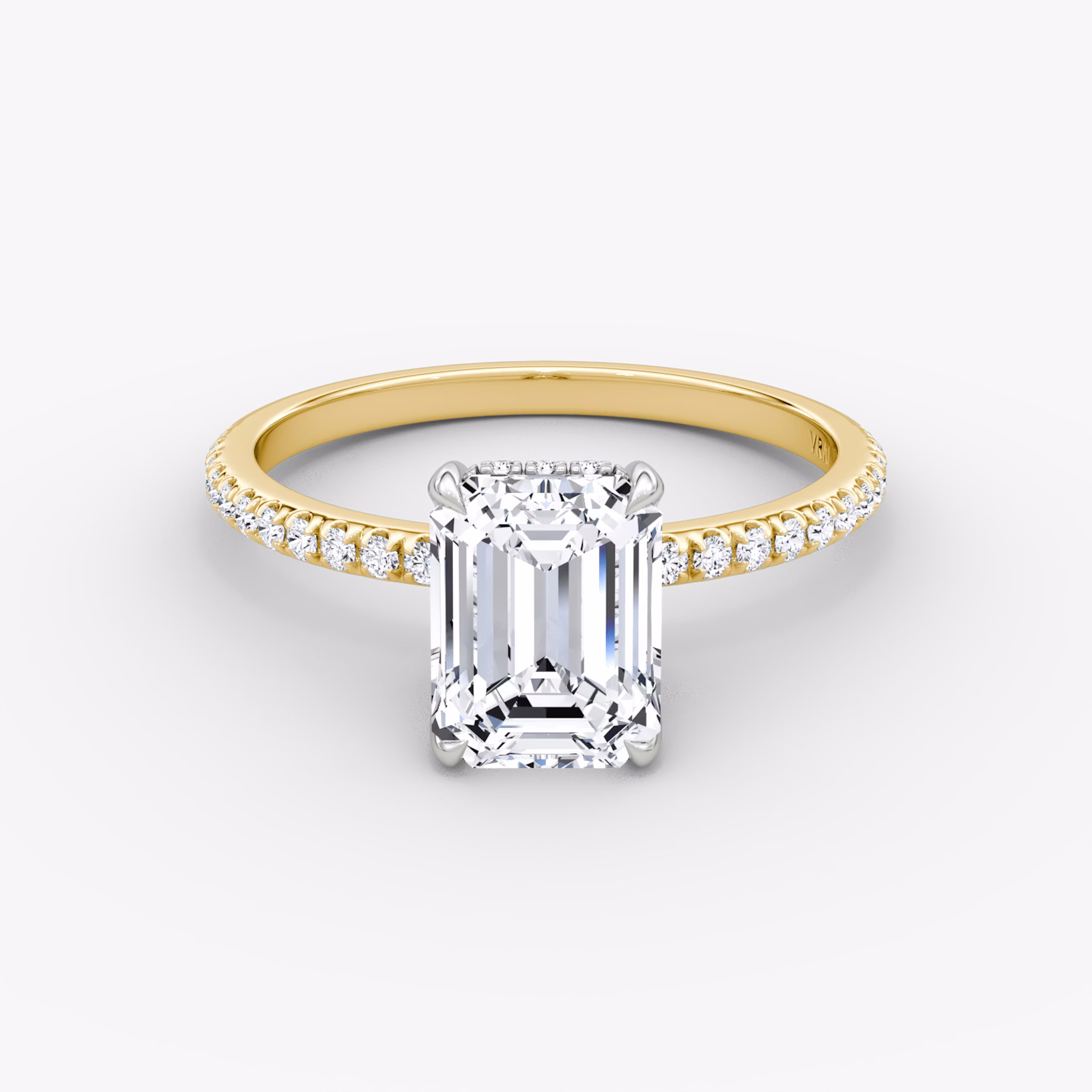 The Classic Hidden Halo | Emerald | 18k | Yellow Gold and Platinum | bandAccent: Pavé | bandWidth: standard | prongStyle: Plain | diamondOrientation: vertical | caratWeight: other