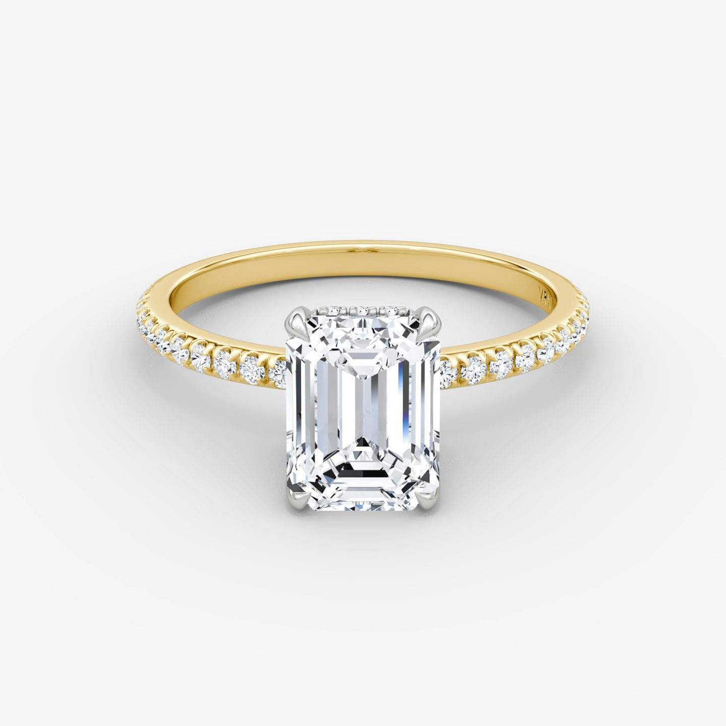 The Classic Hidden Halo | Emerald | 18k | Yellow Gold and Platinum | bandAccent: Pavé | bandWidth: standard | prongStyle: Plain | diamondOrientation: vertical | caratWeight: other