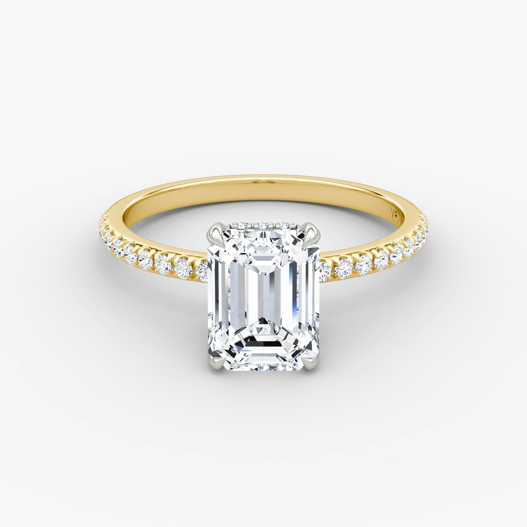 The Classic Hidden Halo | Emerald | 18k | Yellow Gold and Platinum | bandAccent: Pavé | bandWidth: standard | prongStyle: Plain | diamondOrientation: vertical | caratWeight: other