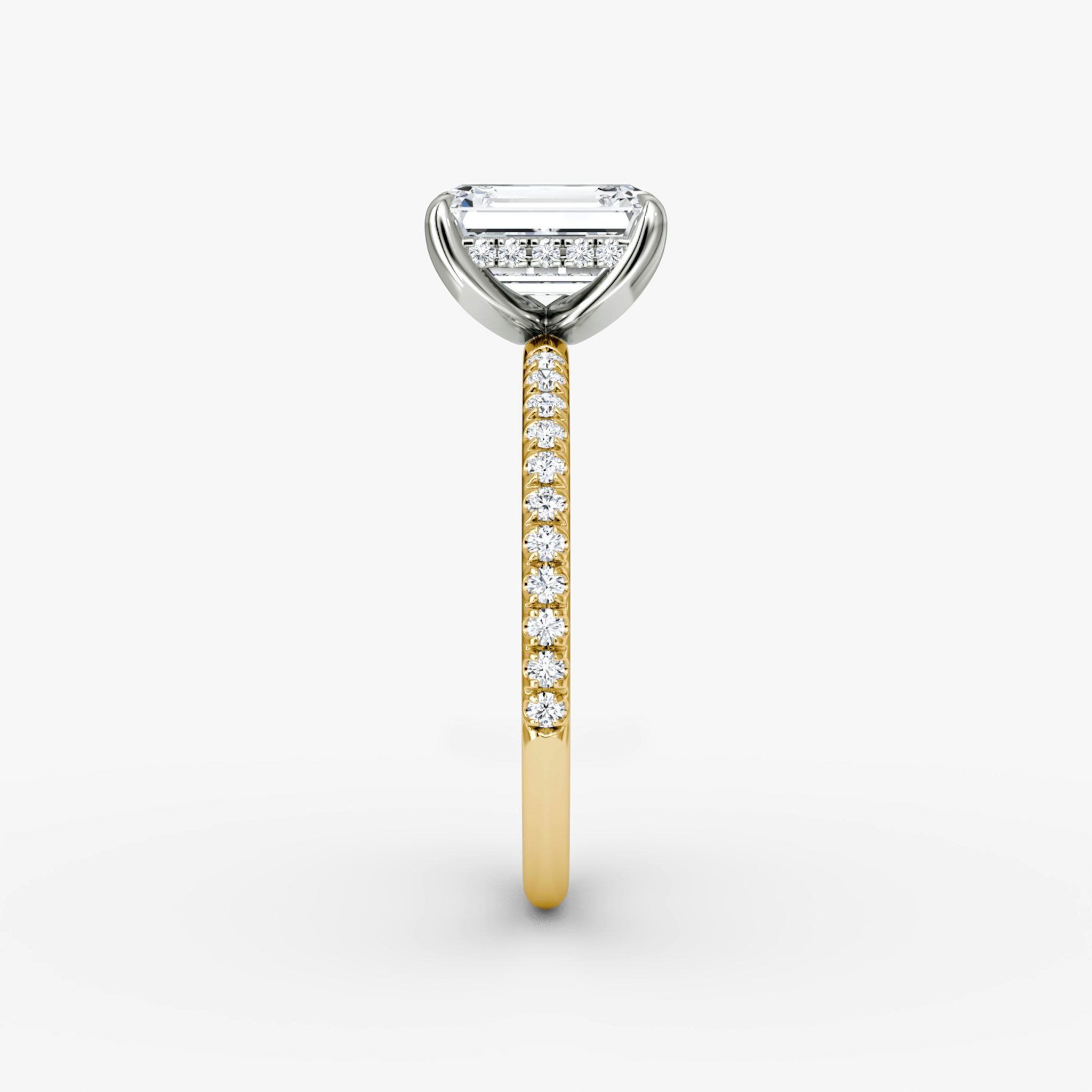 The Classic Hidden Halo | Emerald | 18k | Yellow Gold and Platinum | bandAccent: Pavé | bandWidth: standard | prongStyle: Plain | diamondOrientation: vertical | caratWeight: other