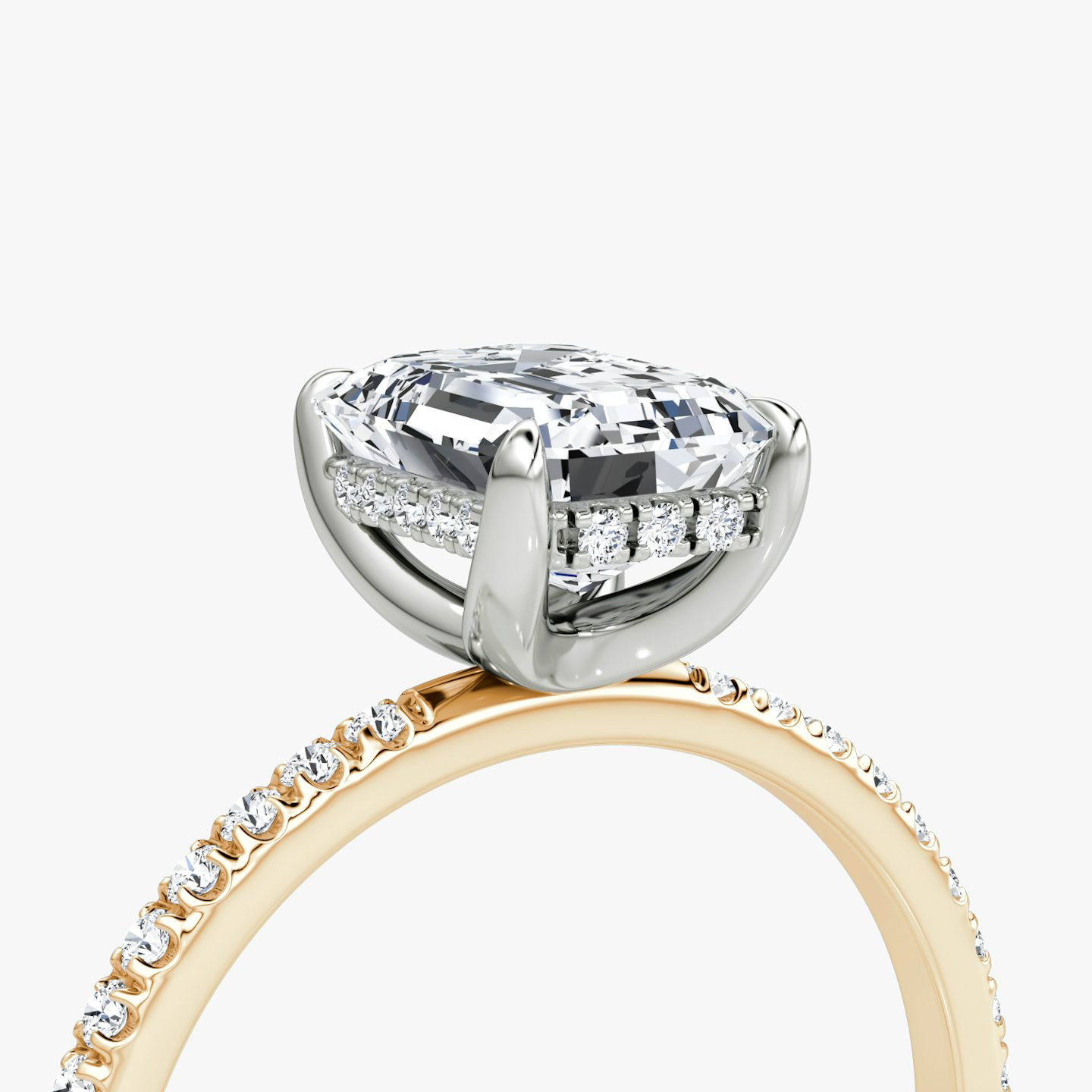 The Classic Hidden Halo | Emerald | 14k | Rose Gold and Platinum | bandAccent: Pavé | bandWidth: standard | prongStyle: Plain | diamondOrientation: vertical | caratWeight: other