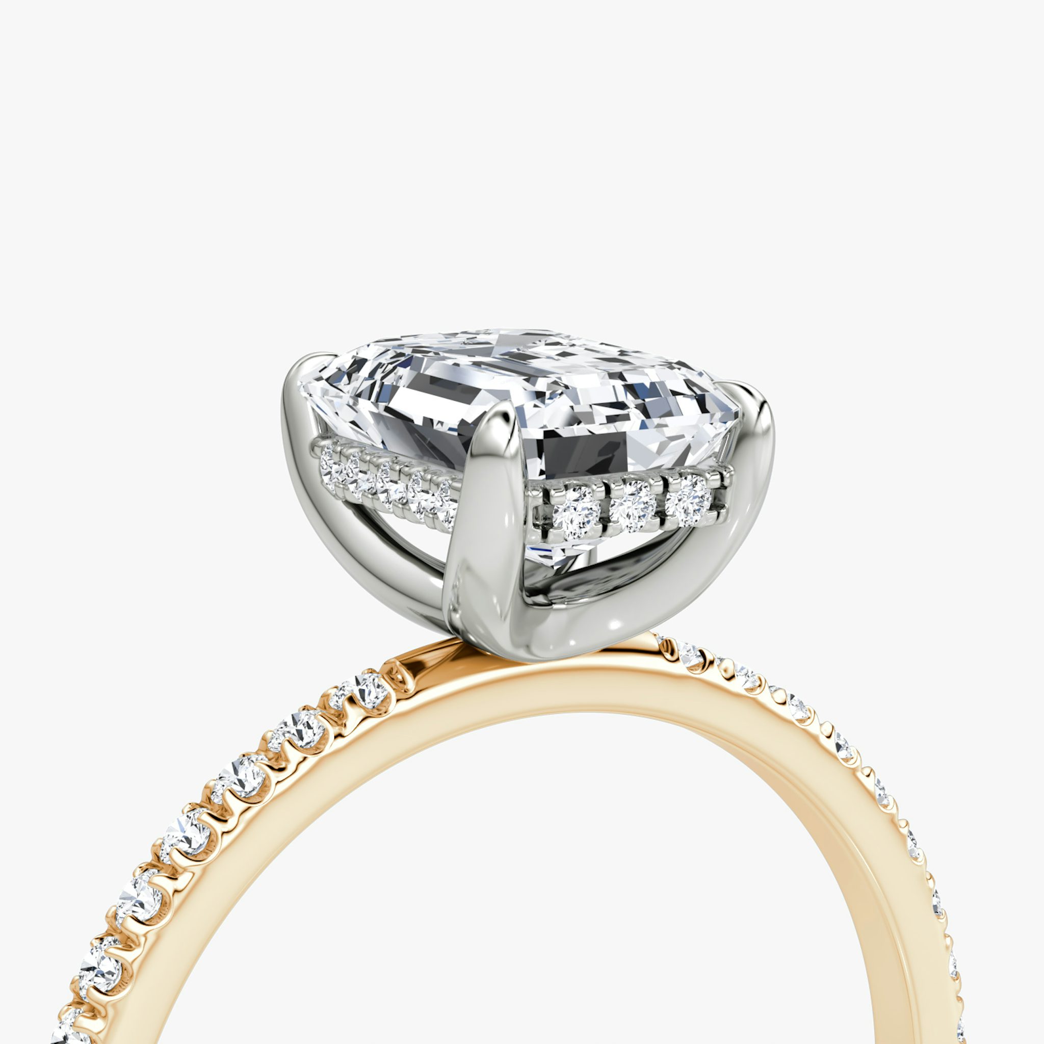 The Classic Hidden Halo | Emerald | 14k | Rose Gold and Platinum | bandAccent: Pavé | bandWidth: standard | prongStyle: Plain | diamondOrientation: vertical | caratWeight: other