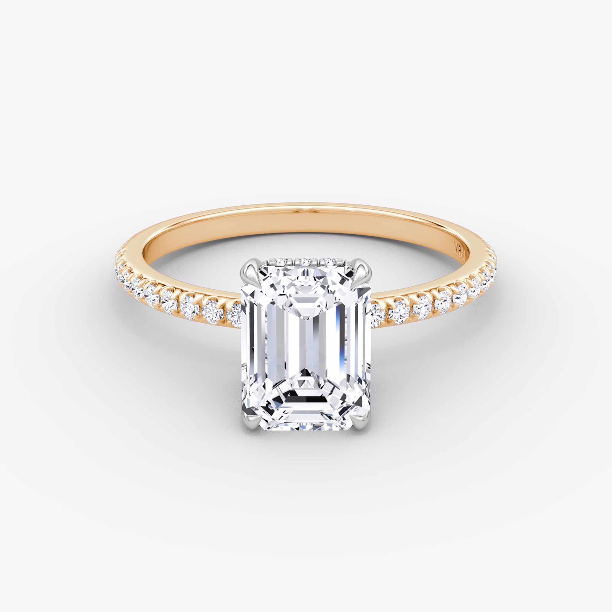 The Classic Hidden Halo | Emerald | 14k | Rose Gold and Platinum | bandAccent: Pavé | bandWidth: standard | prongStyle: Plain | diamondOrientation: vertical | caratWeight: other