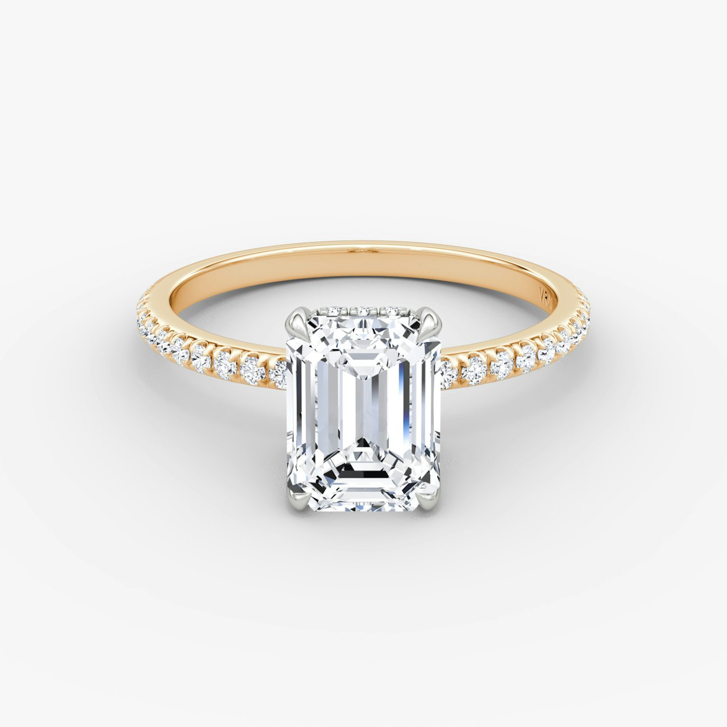 The Classic Hidden Halo | Emerald | 14k | Rose Gold and Platinum | bandAccent: Pavé | bandWidth: standard | prongStyle: Plain | diamondOrientation: vertical | caratWeight: other