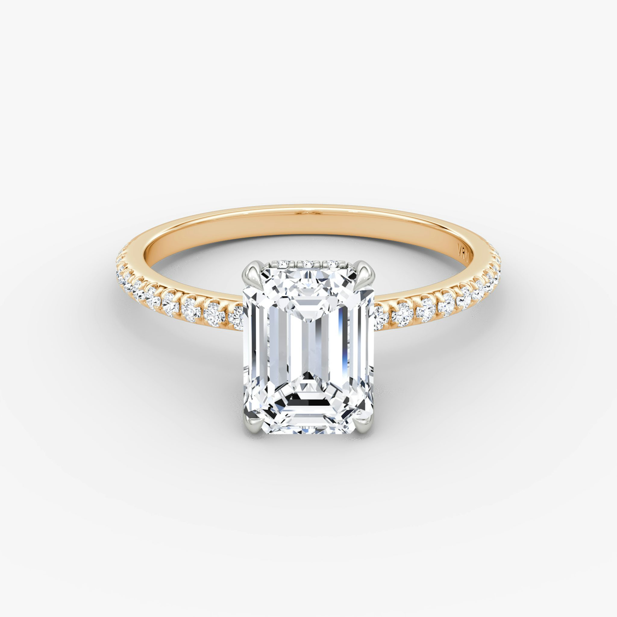 The Classic Hidden Halo | Emerald | 14k | Rose Gold and Platinum | bandAccent: Pavé | bandWidth: standard | prongStyle: Plain | diamondOrientation: vertical | caratWeight: other