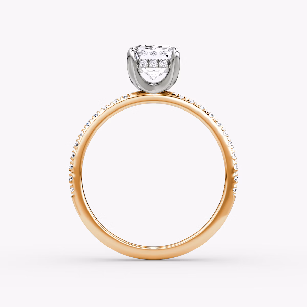 The Classic Hidden Halo | Emerald | 14k | Rose Gold and Platinum | bandAccent: Pavé | bandWidth: standard | prongStyle: Plain | diamondOrientation: vertical | caratWeight: other