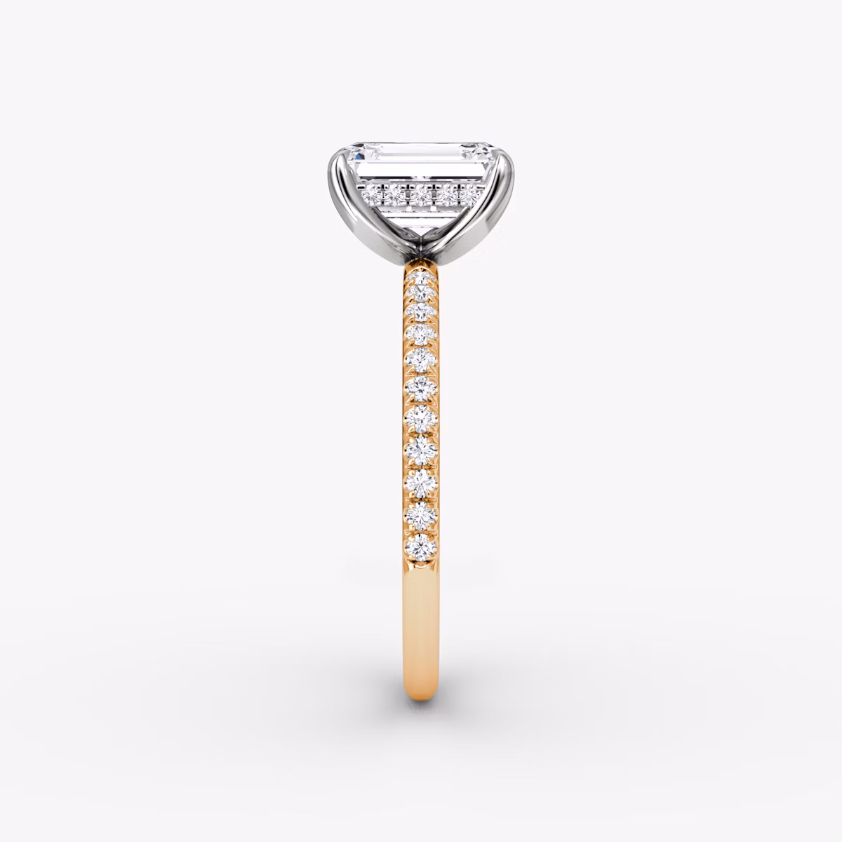 The Classic Hidden Halo | Emerald | 14k | Rose Gold and Platinum | bandAccent: Pavé | bandWidth: standard | prongStyle: Plain | diamondOrientation: vertical | caratWeight: other