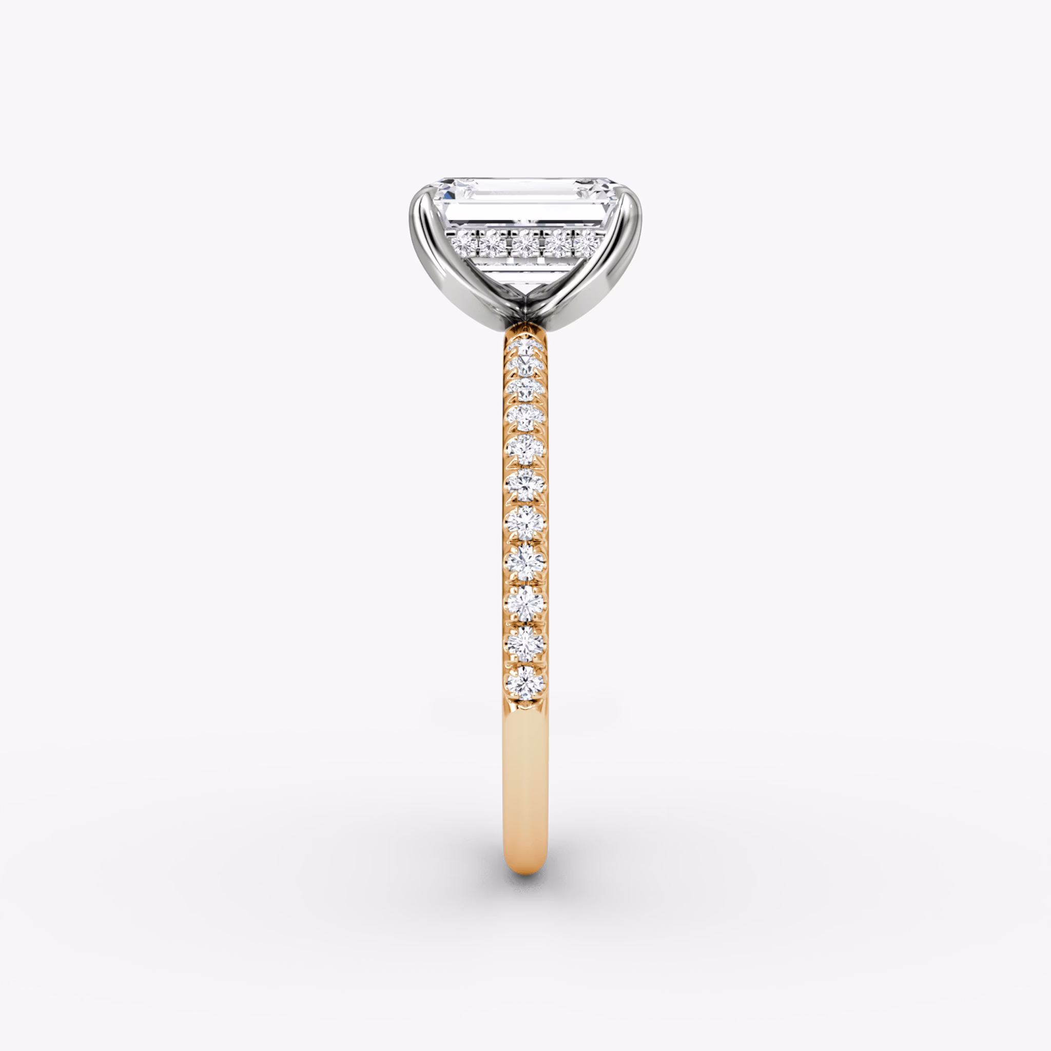 The Classic Hidden Halo | Emerald | 14k | Rose Gold and Platinum | bandAccent: Pavé | bandWidth: standard | prongStyle: Plain | diamondOrientation: vertical | caratWeight: other