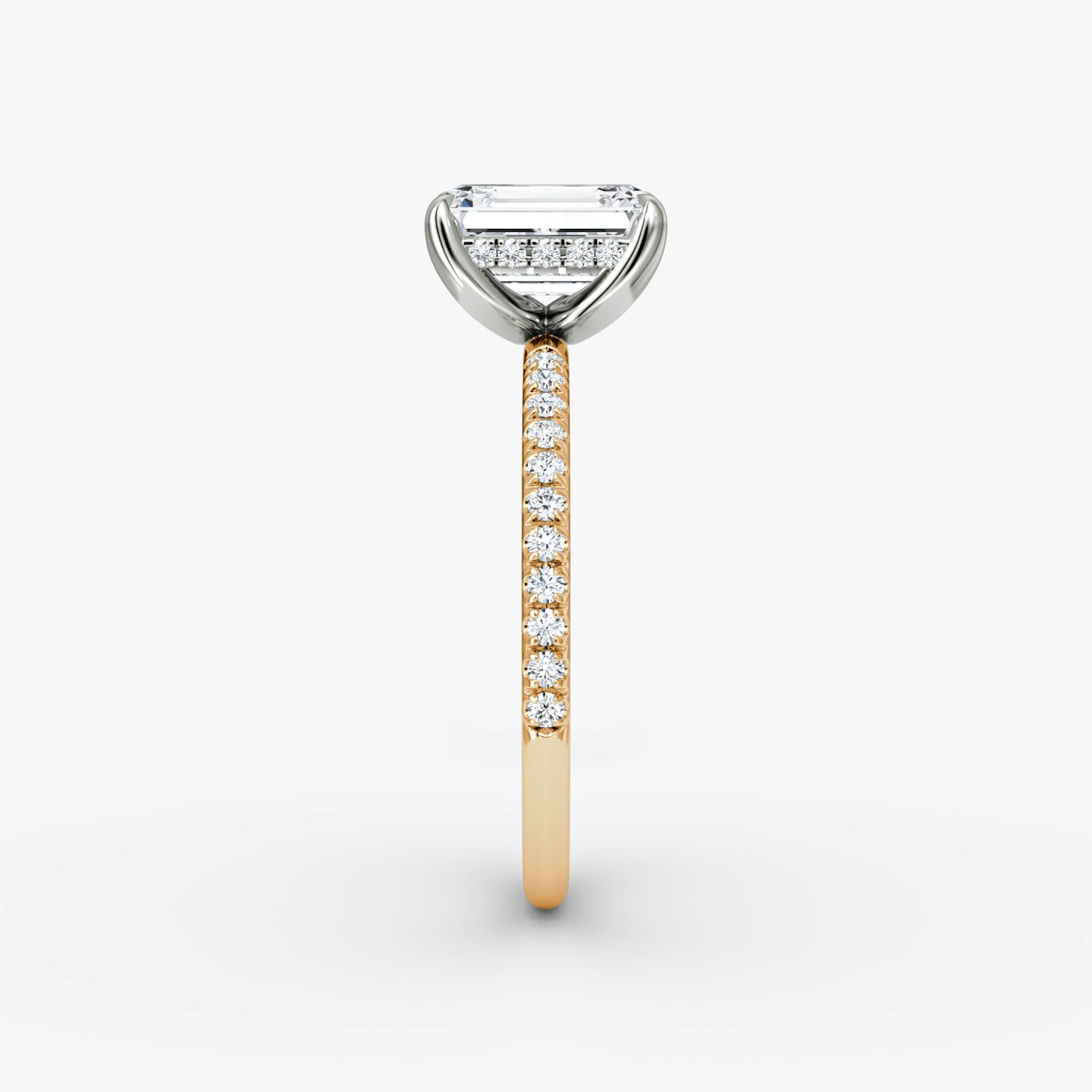 The Classic Hidden Halo | Emerald | 14k | Rose Gold and Platinum | bandAccent: Pavé | bandWidth: standard | prongStyle: Plain | diamondOrientation: vertical | caratWeight: other