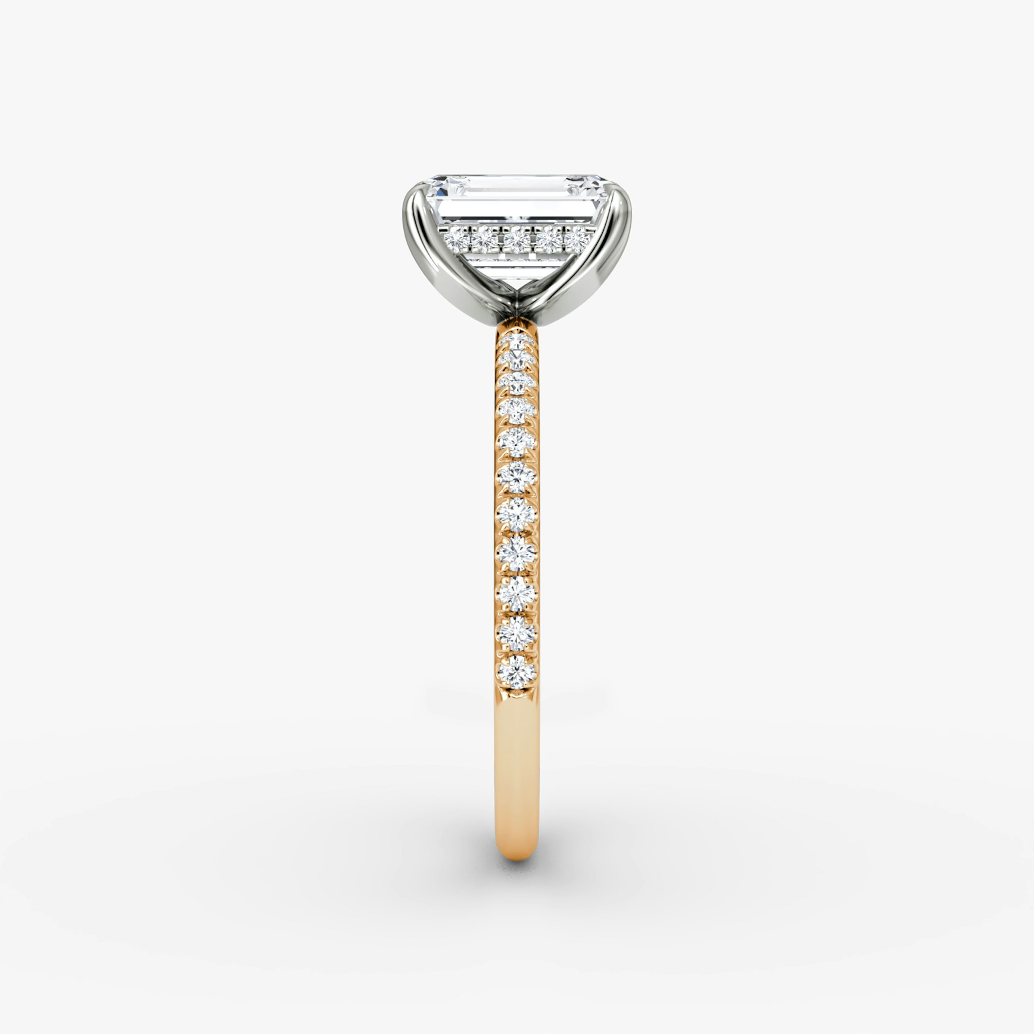 The Classic Hidden Halo | Emerald | 14k | Rose Gold and Platinum | bandAccent: Pavé | bandWidth: standard | prongStyle: Plain | diamondOrientation: vertical | caratWeight: other