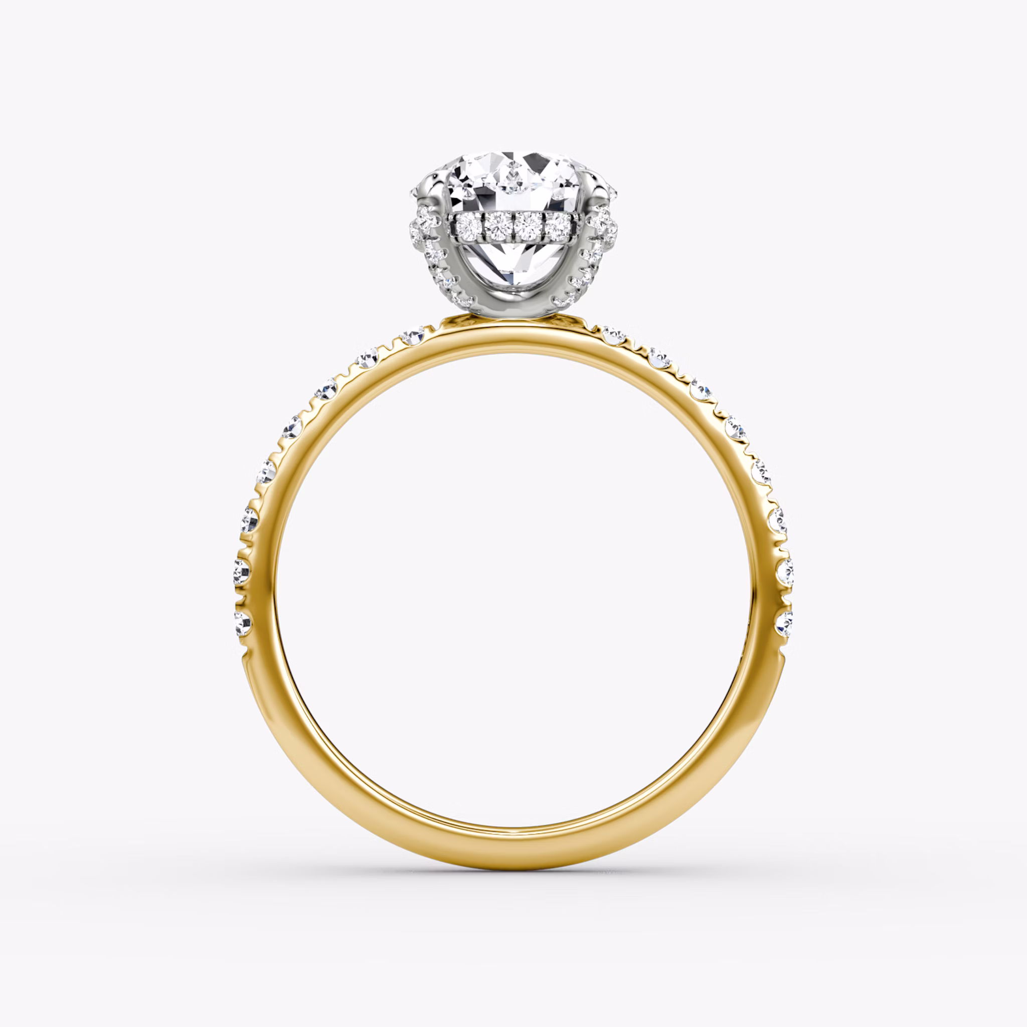 The Classic Hidden Halo | Round Brilliant | 18k | Yellow Gold and Platinum | bandAccent: Pavé | bandWidth: large | caratWeight: other | prongStyle: Pavé | diamondOrientation: vertical