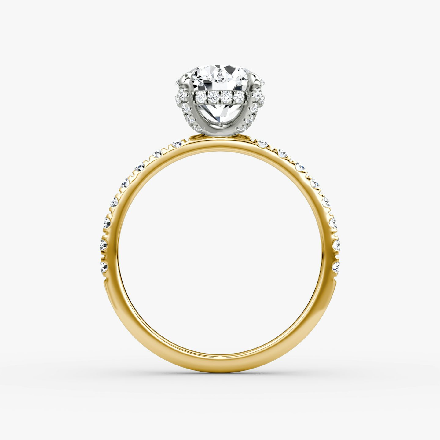 The Classic Hidden Halo | Round Brilliant | 18k | Yellow Gold and Platinum | bandAccent: Pavé | bandWidth: large | caratWeight: 1.0ct | prongStyle: Pavé | diamondOrientation: vertical