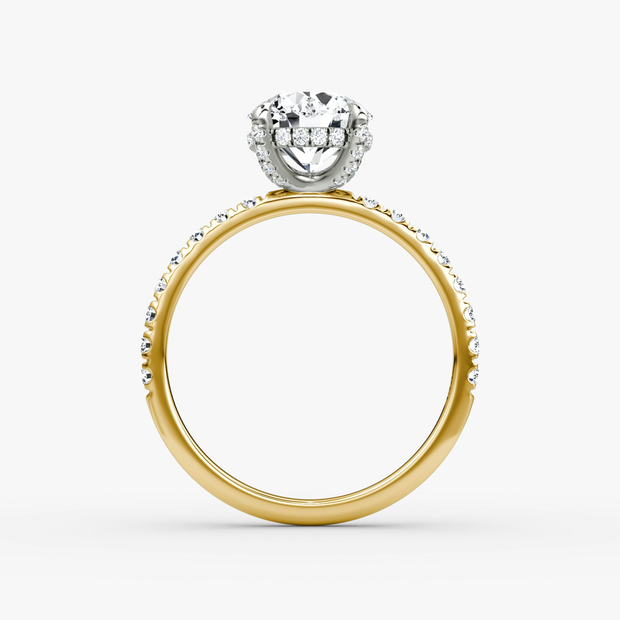 The Classic Hidden Halo | Round Brilliant | 18k | Yellow Gold and Platinum | bandAccent: Pavé | bandWidth: large | caratWeight: other | prongStyle: Pavé | diamondOrientation: vertical