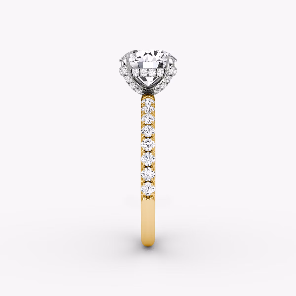The Classic Hidden Halo | Round Brilliant | 18k | Yellow Gold and Platinum | bandAccent: Pavé | bandWidth: large | caratWeight: other | prongStyle: Pavé | diamondOrientation: vertical