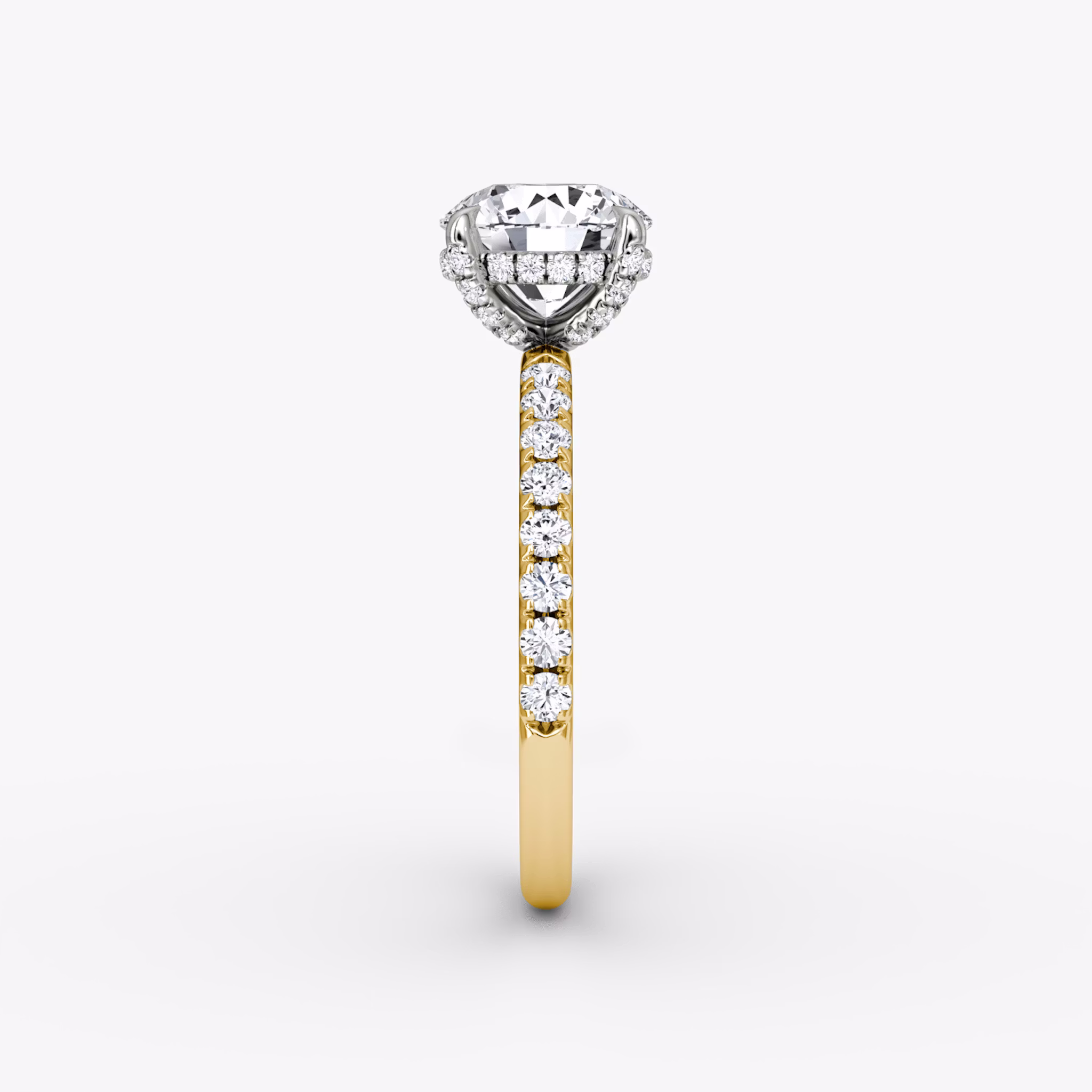 The Classic Hidden Halo | Round Brilliant | 18k | Yellow Gold and Platinum | bandAccent: Pavé | bandWidth: large | caratWeight: other | prongStyle: Pavé | diamondOrientation: vertical