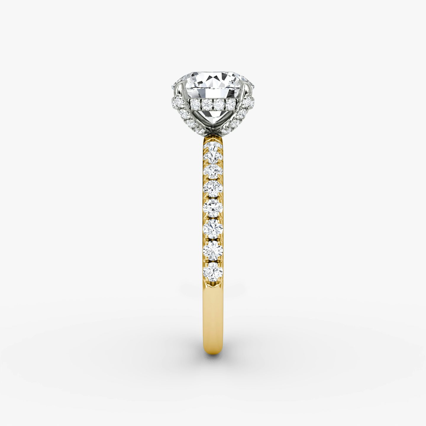 The Classic Hidden Halo | Round Brilliant | 18k | Yellow Gold and Platinum | bandAccent: Pavé | bandWidth: large | caratWeight: 1.0ct | prongStyle: Pavé | diamondOrientation: vertical