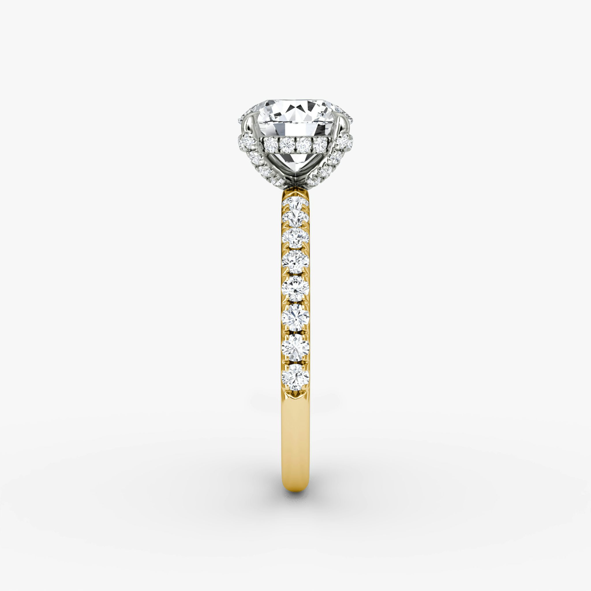 The Classic Hidden Halo | Round Brilliant | 18k | Yellow Gold and Platinum | bandAccent: Pavé | bandWidth: large | caratWeight: other | prongStyle: Pavé | diamondOrientation: vertical