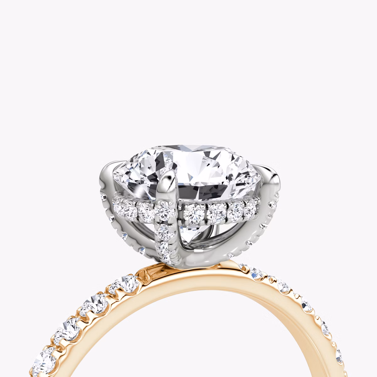 The Classic Hidden Halo | Round Brilliant | 14k | Rose Gold and Platinum | bandAccent: Pavé | bandWidth: large | caratWeight: other | prongStyle: Pavé | diamondOrientation: vertical
