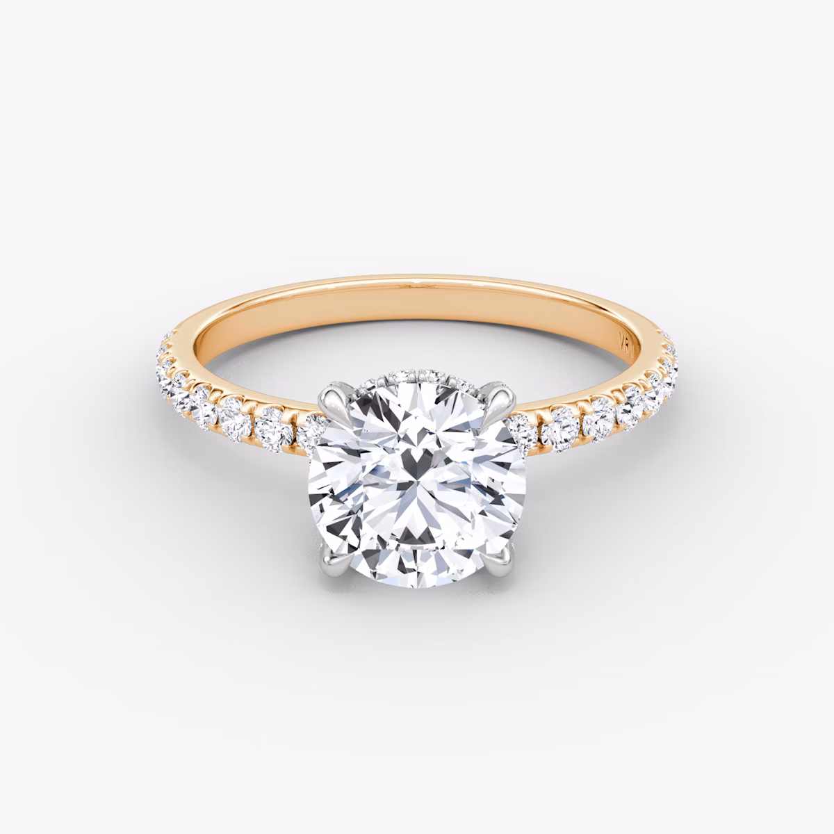 The Classic Hidden Halo | Round Brilliant | 14k | Rose Gold and Platinum | bandAccent: Pavé | bandWidth: large | caratWeight: other | prongStyle: Pavé | diamondOrientation: vertical
