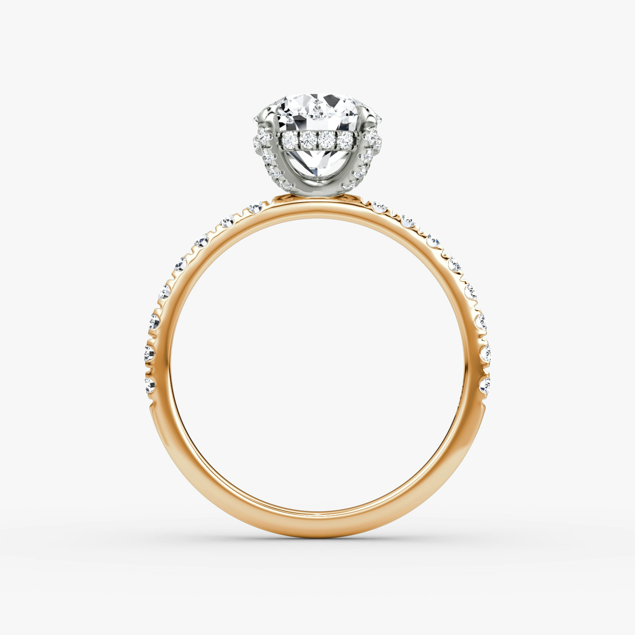 The Classic Hidden Halo | Round Brilliant | 14k | Rose Gold and Platinum | bandAccent: Pavé | bandWidth: large | caratWeight: other | prongStyle: Pavé | diamondOrientation: vertical