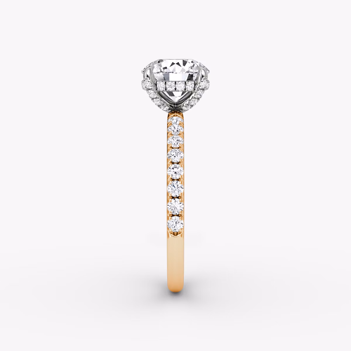 The Classic Hidden Halo | Round Brilliant | 14k | Rose Gold and Platinum | bandAccent: Pavé | bandWidth: large | caratWeight: other | prongStyle: Pavé | diamondOrientation: vertical