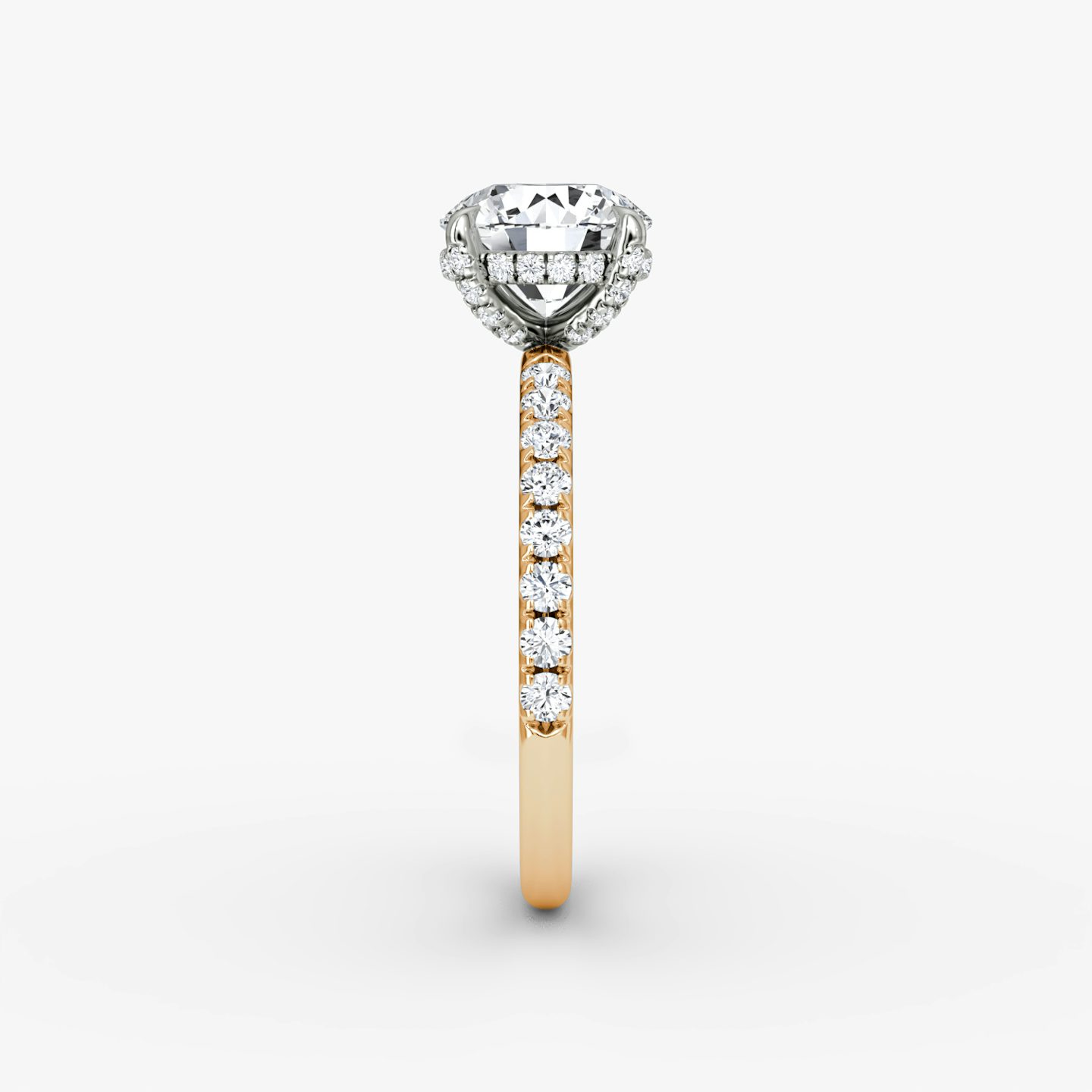 The Classic Hidden Halo | Round Brilliant | 14k | Rose Gold and Platinum | bandAccent: Pavé | bandWidth: large | caratWeight: 1.5ct | prongStyle: Pavé | diamondOrientation: vertical
