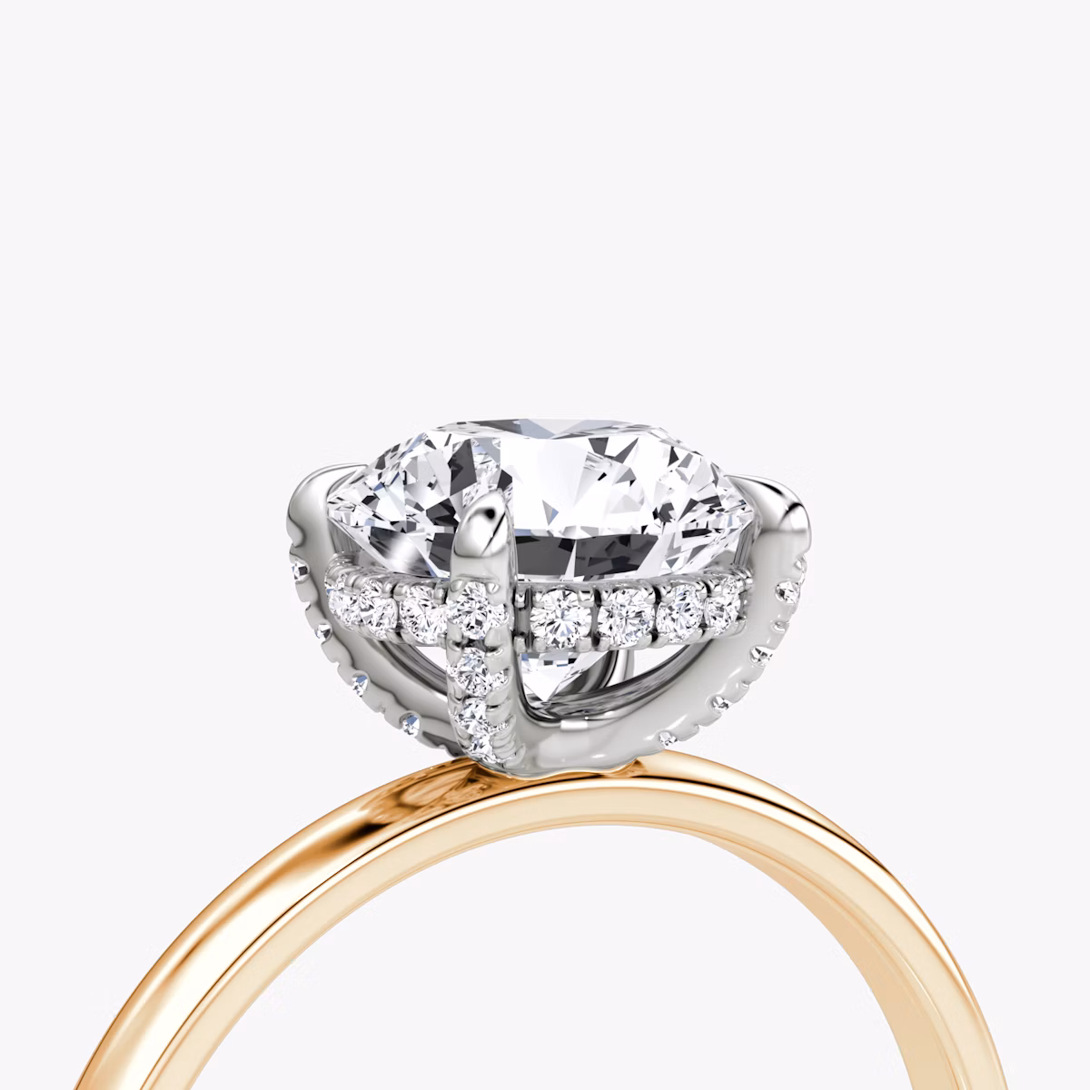 The Classic Hidden Halo | Round Brilliant | 14k | Rose Gold and Platinum | bandAccent: Plain | bandWidth: large | caratWeight: other | prongStyle: Pavé | diamondOrientation: vertical