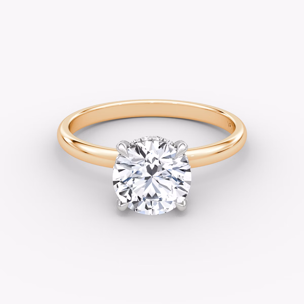 The Classic Hidden Halo | Round Brilliant | 14k | Rose Gold and Platinum | bandAccent: Plain | bandWidth: large | caratWeight: other | prongStyle: Pavé | diamondOrientation: vertical