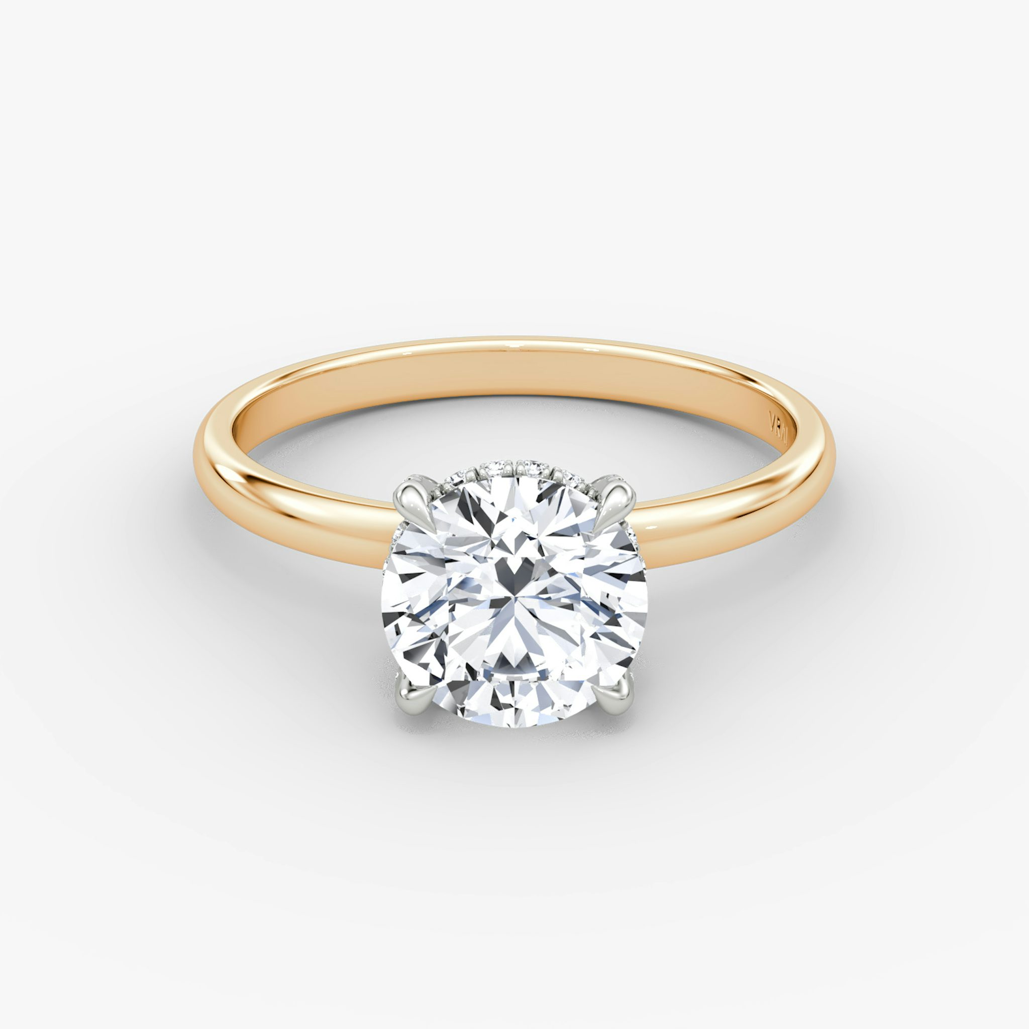 The Classic Hidden Halo | Round Brilliant | 14k | Rose Gold and Platinum | bandAccent: Plain | bandWidth: large | caratWeight: 1.0ct | prongStyle: Pavé | diamondOrientation: vertical