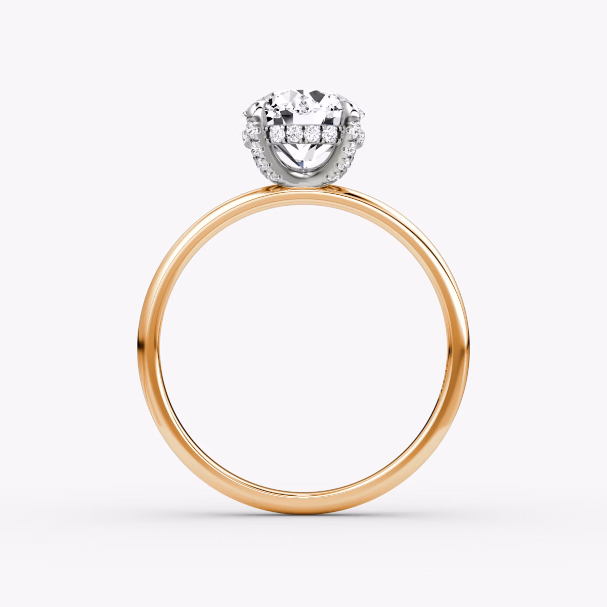 The Classic Hidden Halo | Round Brilliant | 14k | Rose Gold and Platinum | bandAccent: Plain | bandWidth: large | caratWeight: other | prongStyle: Pavé | diamondOrientation: vertical