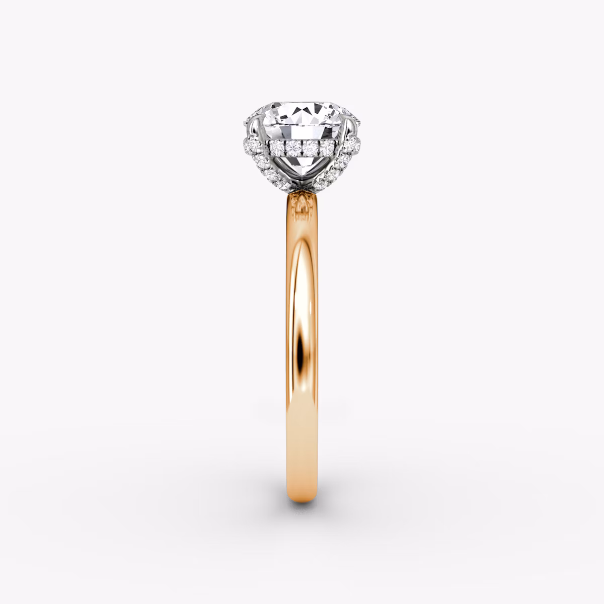 The Classic Hidden Halo | Round Brilliant | 14k | Rose Gold and Platinum | bandAccent: Plain | bandWidth: large | caratWeight: other | prongStyle: Pavé | diamondOrientation: vertical