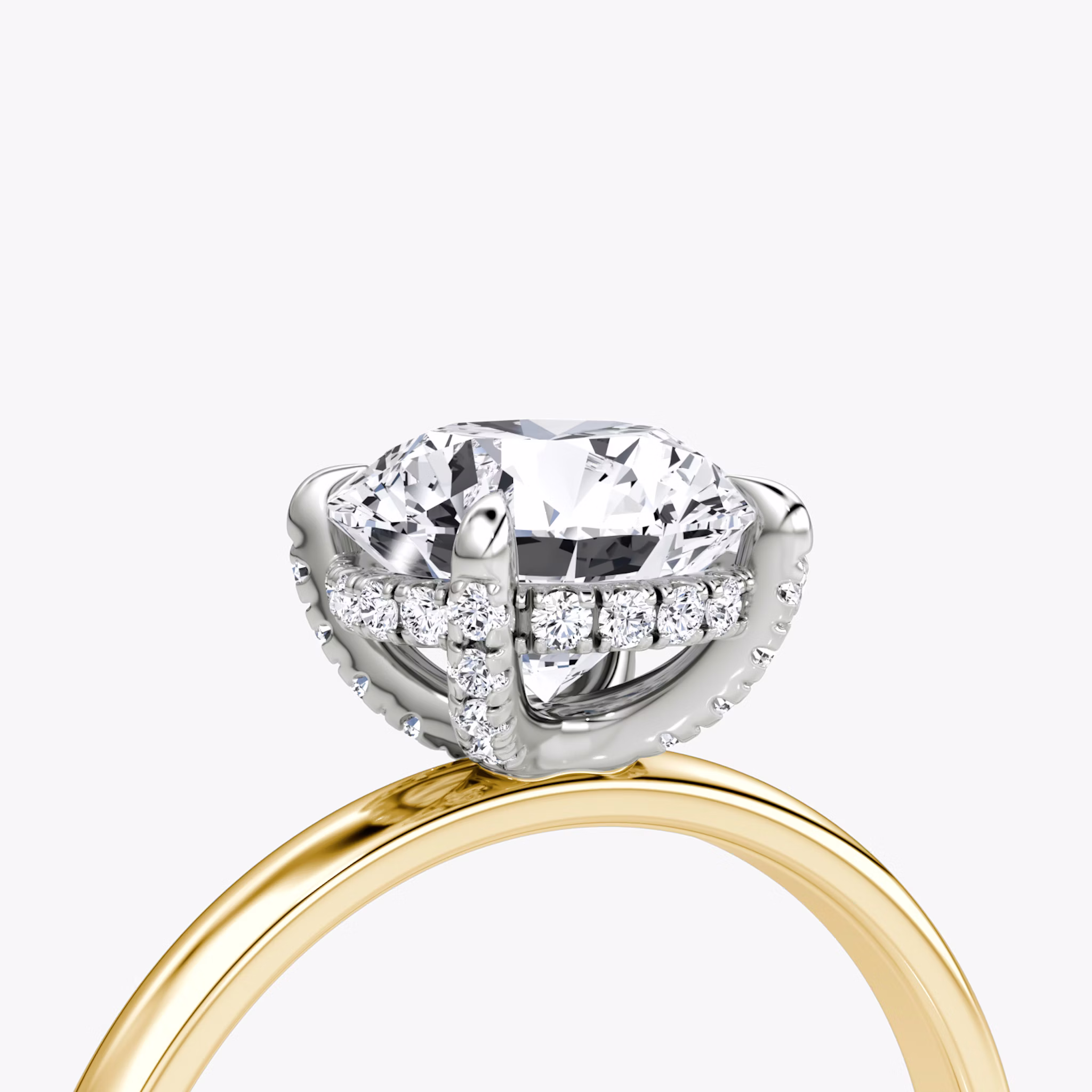 The Classic Hidden Halo | Round Brilliant | 18k | Yellow Gold and Platinum | bandAccent: Plain | bandWidth: large | caratWeight: 1.0ct | prongStyle: Pavé | diamondOrientation: vertical
