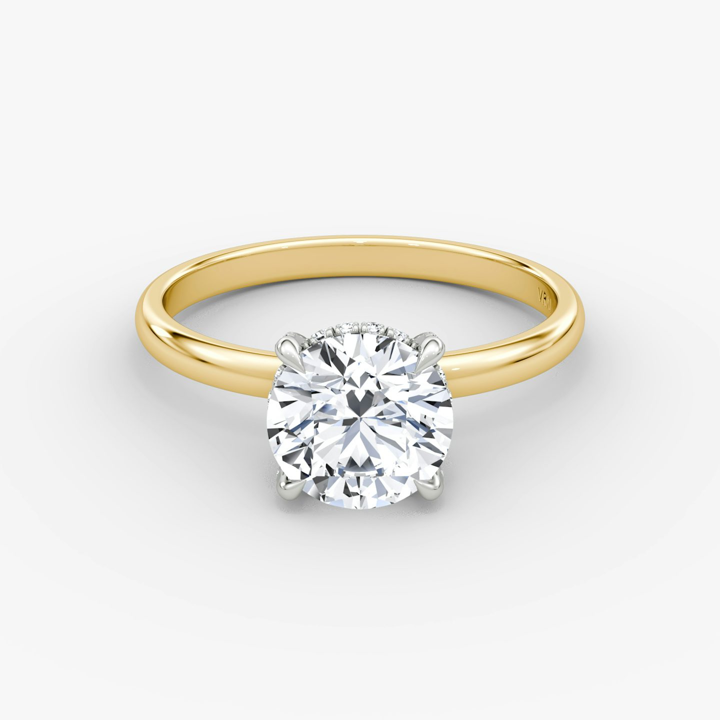 The Classic Hidden Halo | Round Brilliant | 18k | Yellow Gold and Platinum | bandAccent: Plain | bandWidth: large | caratWeight: other | prongStyle: Pavé | diamondOrientation: vertical