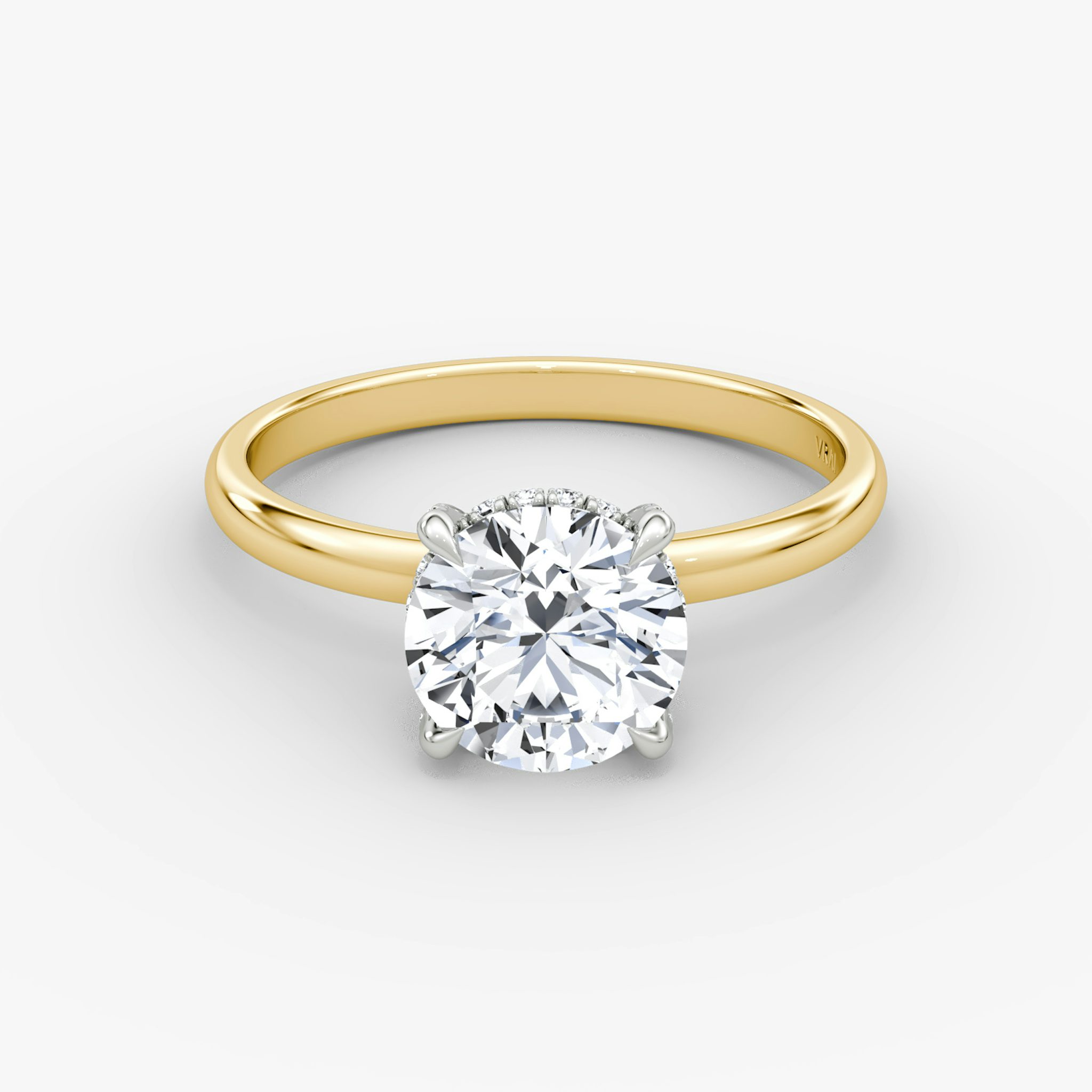 The Classic Hidden Halo | Round Brilliant | 18k | Yellow Gold and Platinum | bandAccent: Plain | bandWidth: large | caratWeight: 1.0ct | prongStyle: Pavé | diamondOrientation: vertical