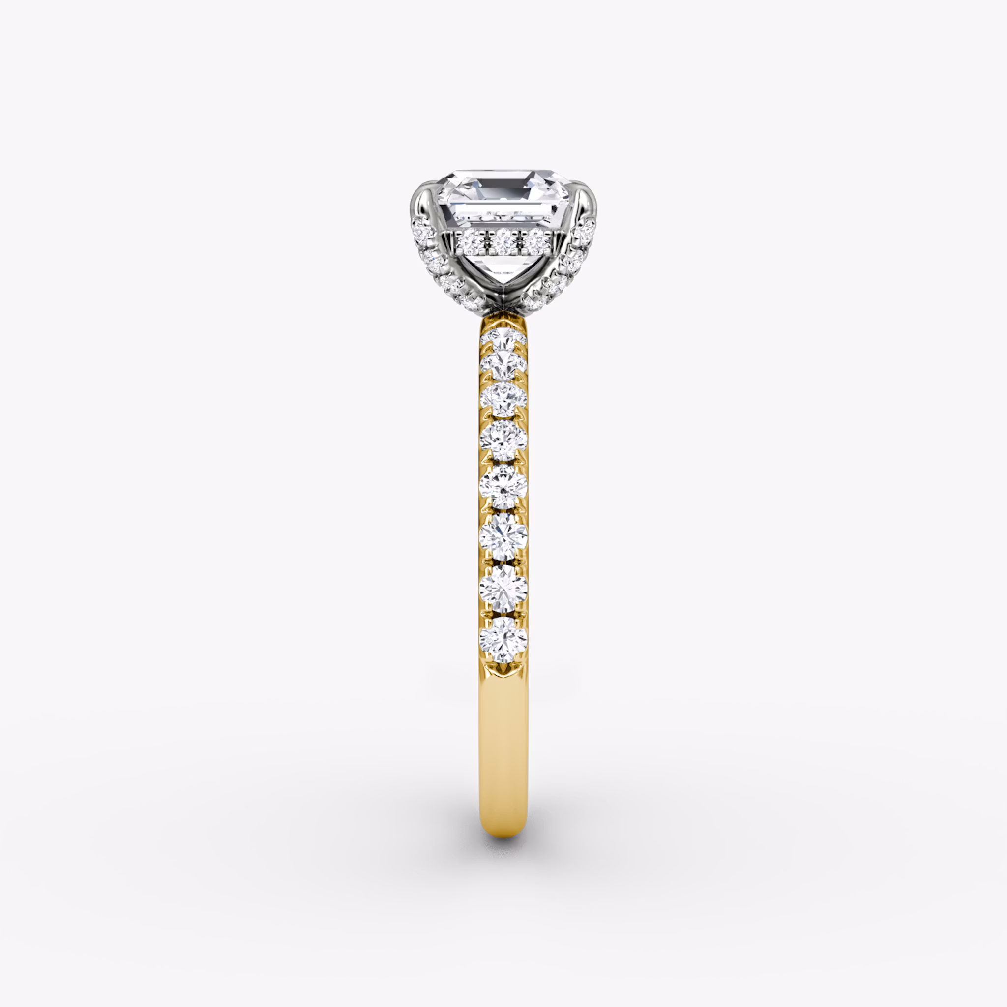 The Classic Hidden Halo | Asscher | 18k | Yellow Gold and Platinum | bandAccent: Pavé | bandWidth: large | prongStyle: Pavé | diamondOrientation: vertical | caratWeight: other
