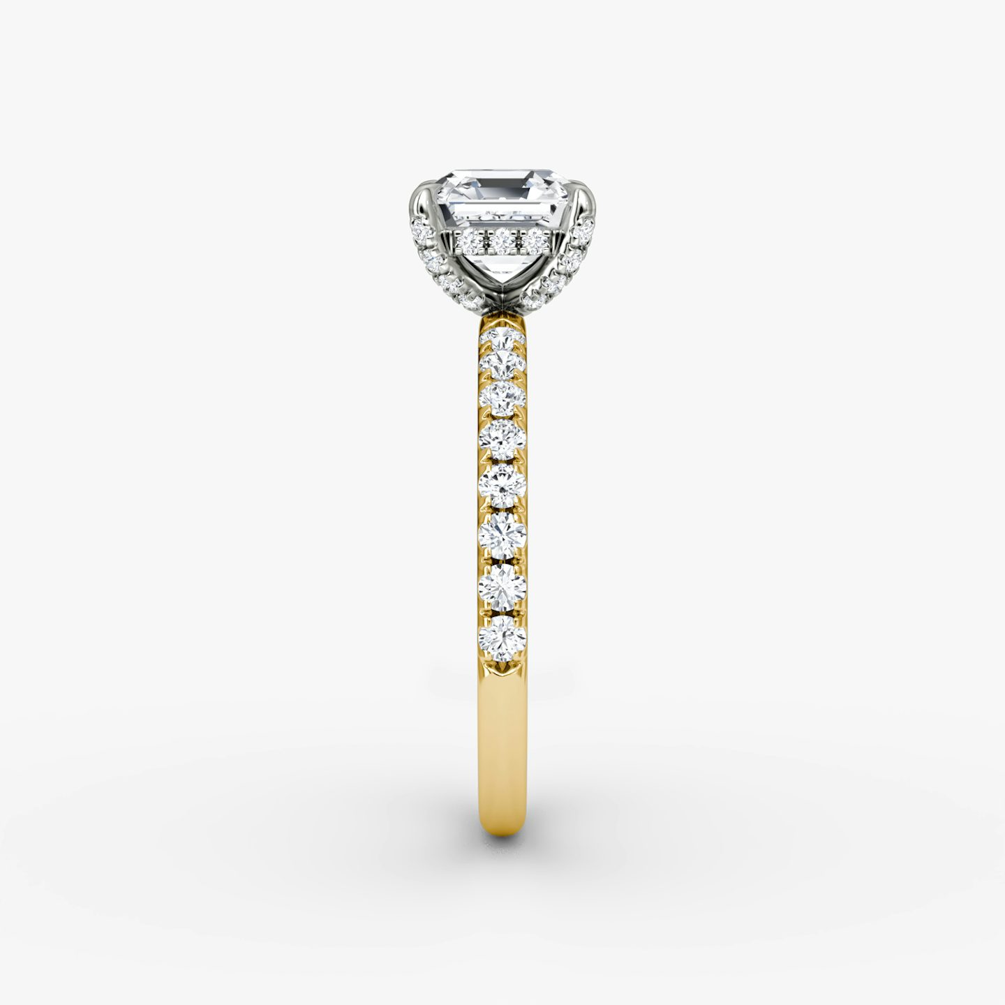 The Classic Hidden Halo | Asscher | 18k | Yellow Gold and Platinum | bandAccent: Pavé | bandWidth: large | prongStyle: Pavé | diamondOrientation: vertical | caratWeight: other