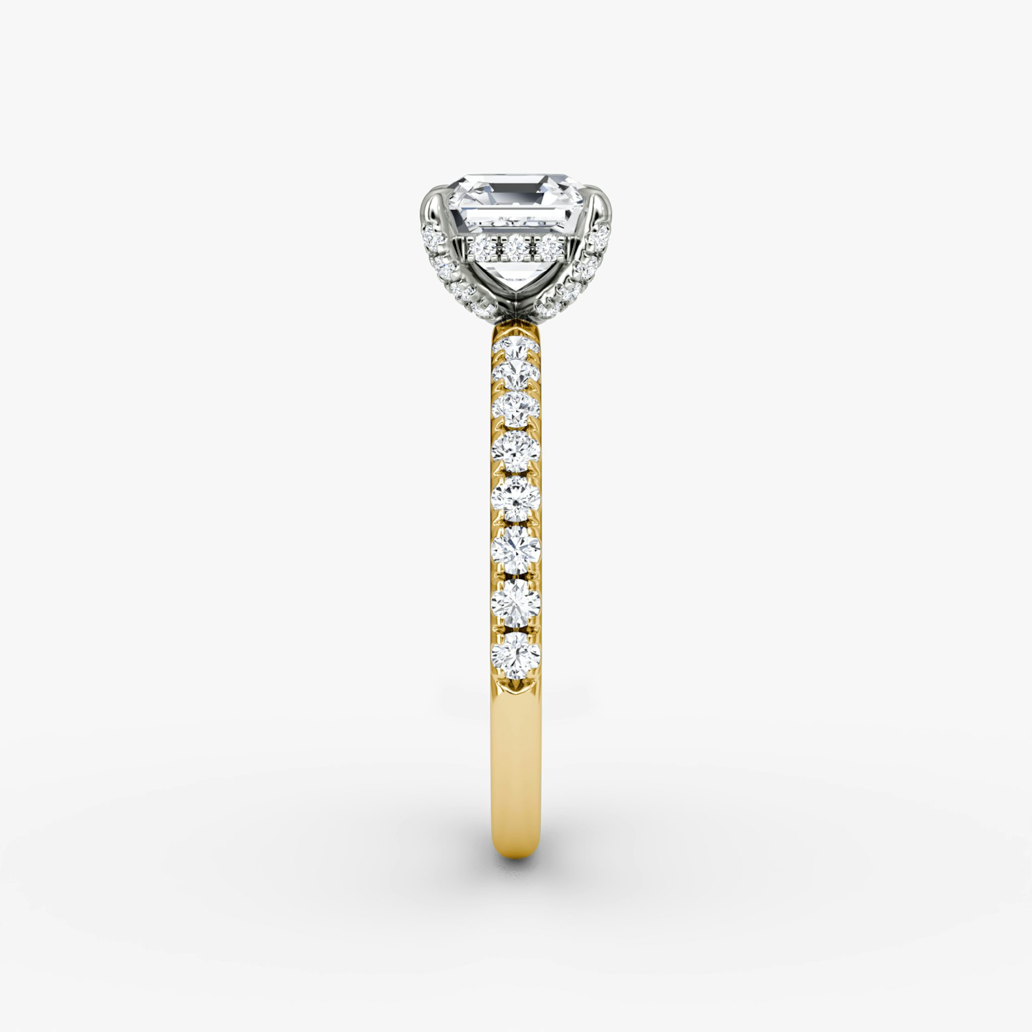 The Classic Hidden Halo | Asscher | 18k | Yellow Gold and Platinum | bandAccent: Pavé | bandWidth: large | prongStyle: Pavé | diamondOrientation: vertical | caratWeight: other