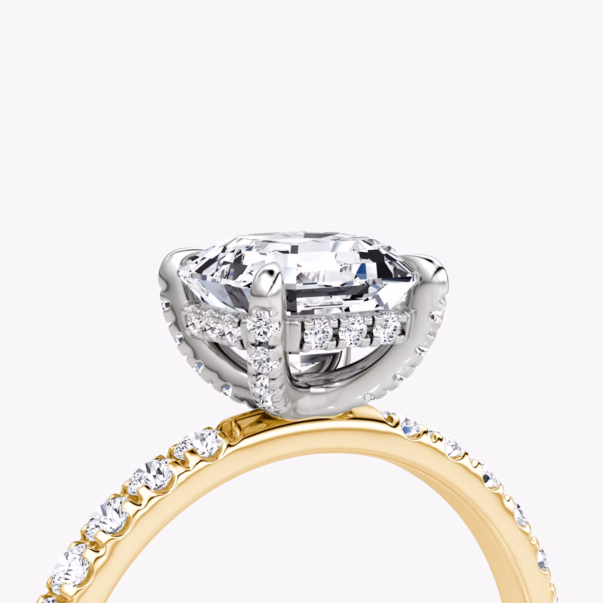 The Classic Hidden Halo | Asscher | 18k | Yellow Gold and Platinum | bandAccent: Pavé | bandWidth: large | prongStyle: Pavé | diamondOrientation: vertical | caratWeight: other