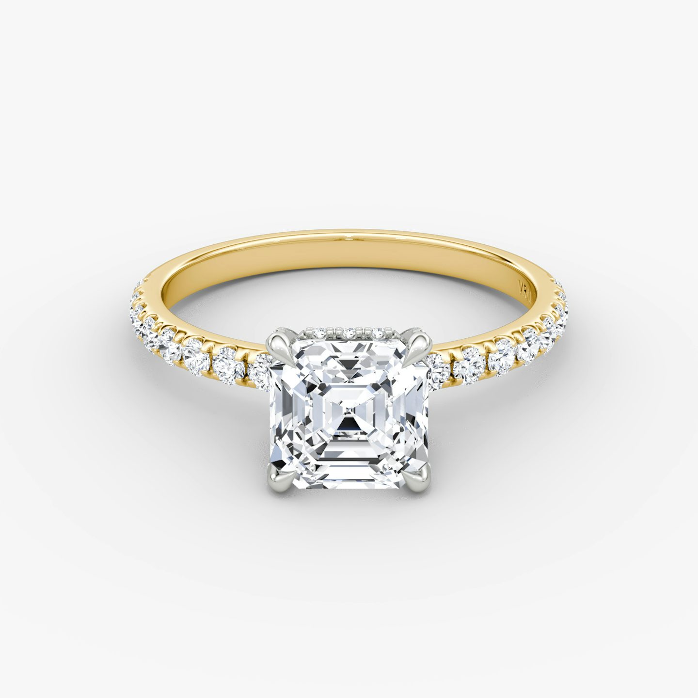 The Classic Hidden Halo | Asscher | 18k | Yellow Gold and Platinum | bandAccent: Pavé | bandWidth: large | prongStyle: Pavé | diamondOrientation: vertical | caratWeight: other
