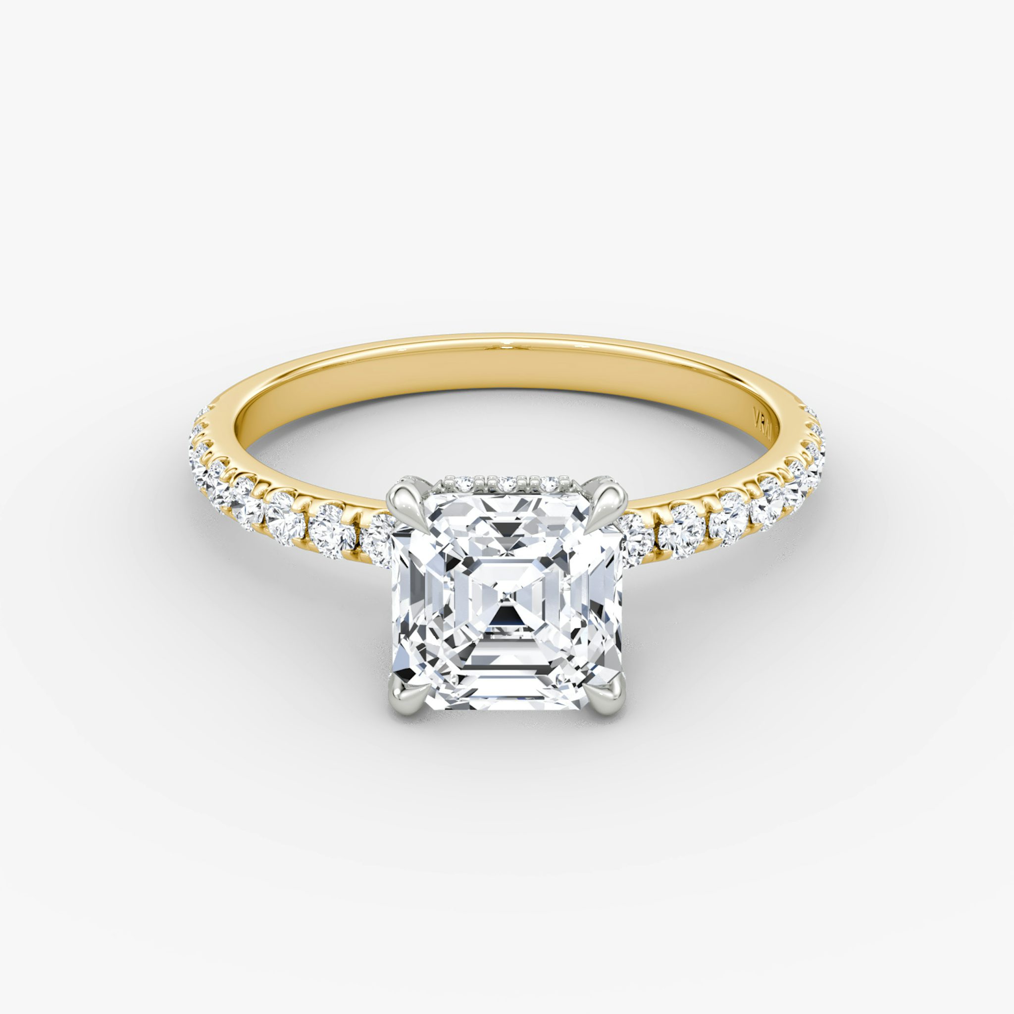The Classic Hidden Halo | Asscher | 18k | Yellow Gold and Platinum | bandAccent: Pavé | bandWidth: large | prongStyle: Pavé | diamondOrientation: vertical | caratWeight: other