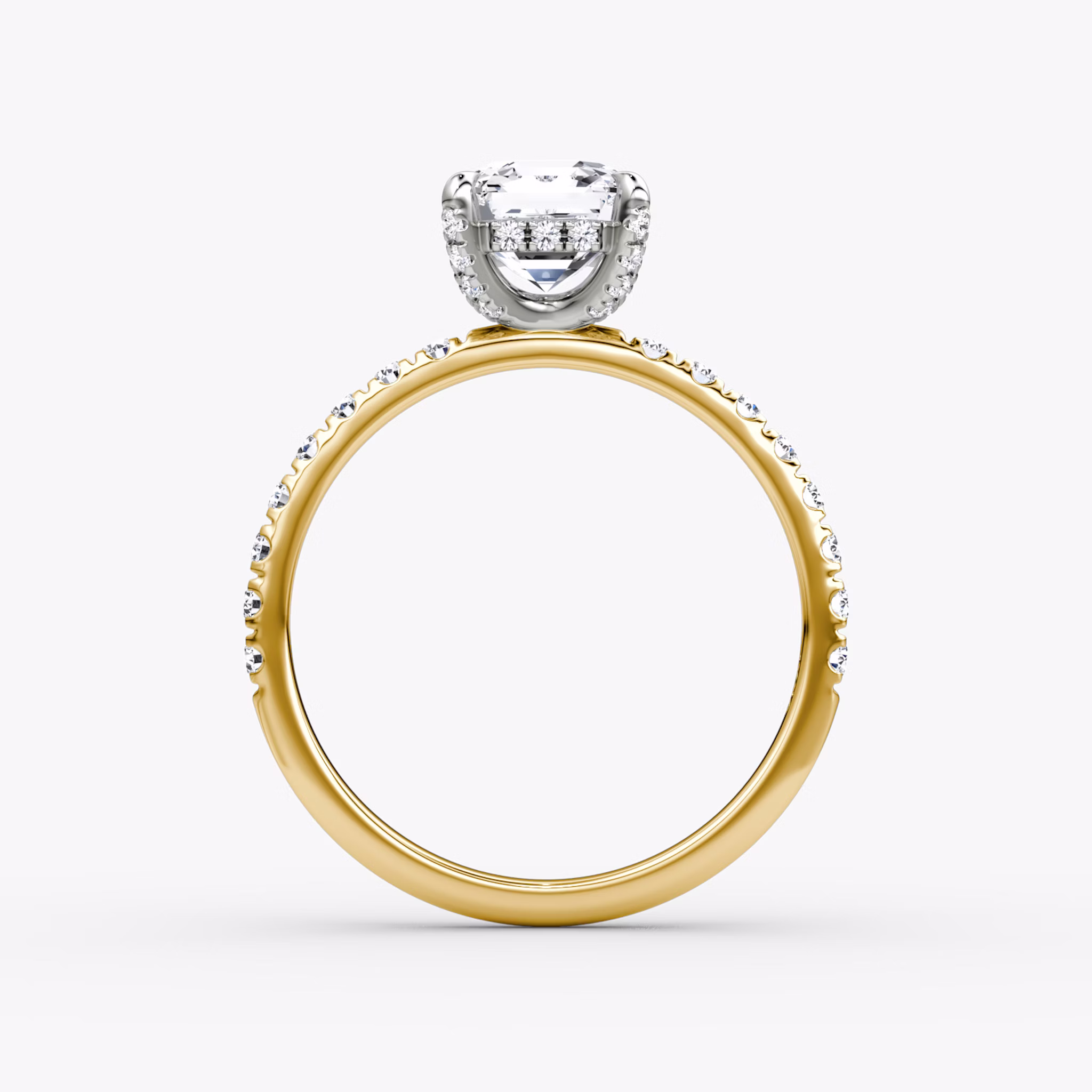 The Classic Hidden Halo | Asscher | 18k | Yellow Gold and Platinum | bandAccent: Pavé | bandWidth: large | prongStyle: Pavé | diamondOrientation: vertical | caratWeight: other