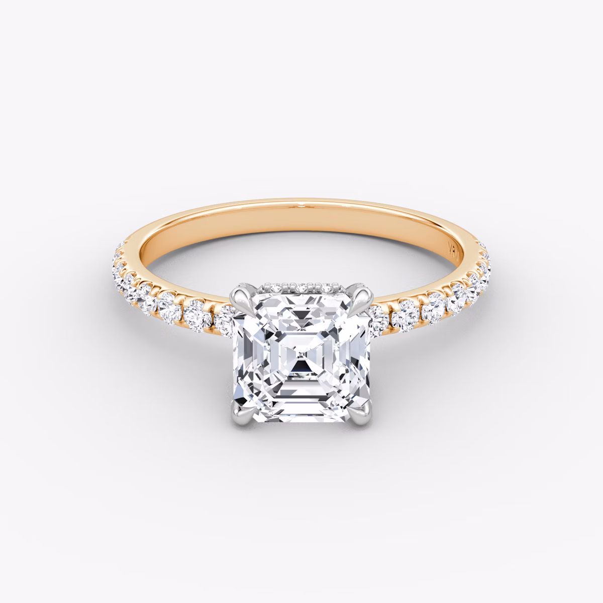 The Classic Hidden Halo | Asscher | 14k | Rose Gold and Platinum | bandAccent: Pavé | bandWidth: large | prongStyle: Pavé | diamondOrientation: vertical | caratWeight: other