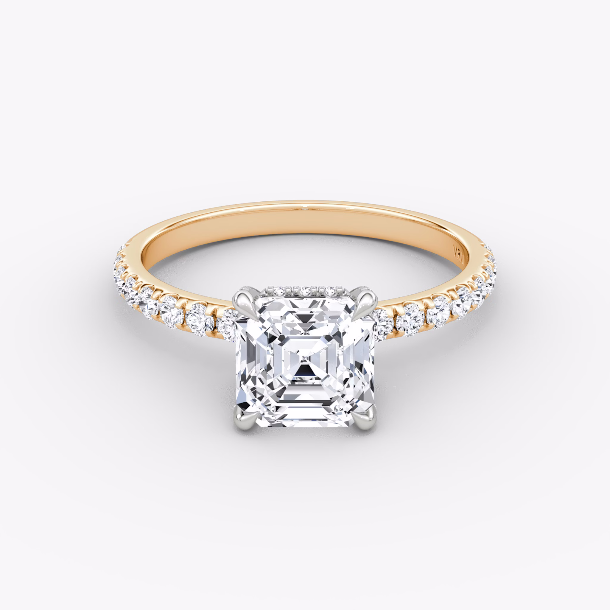 The Classic Hidden Halo | Asscher | 14k | Rose Gold and Platinum | bandAccent: Pavé | bandWidth: large | prongStyle: Pavé | diamondOrientation: vertical | caratWeight: other